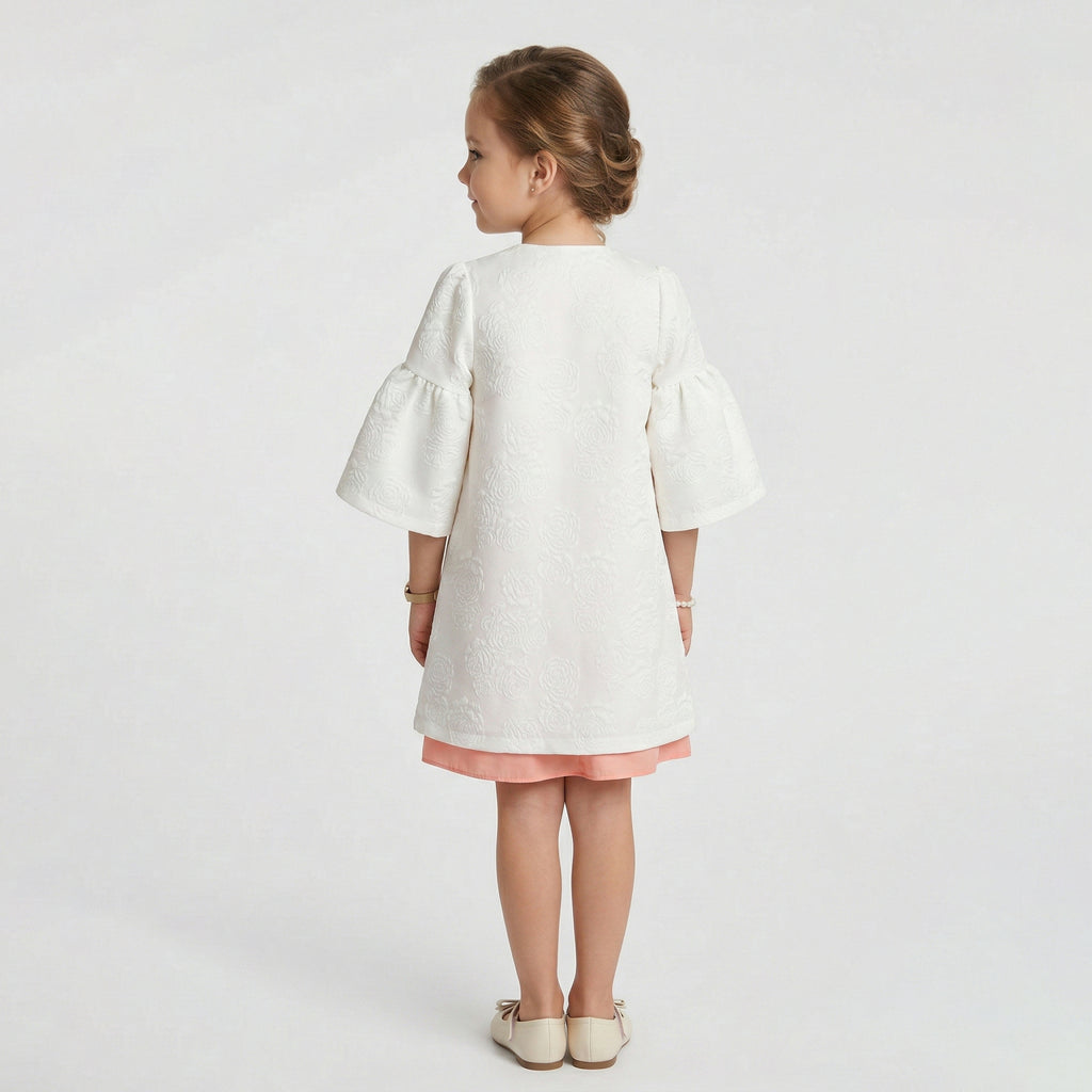 Girl's Evangeline Floral Embossed Coat & Peach Chiffon Dress Set