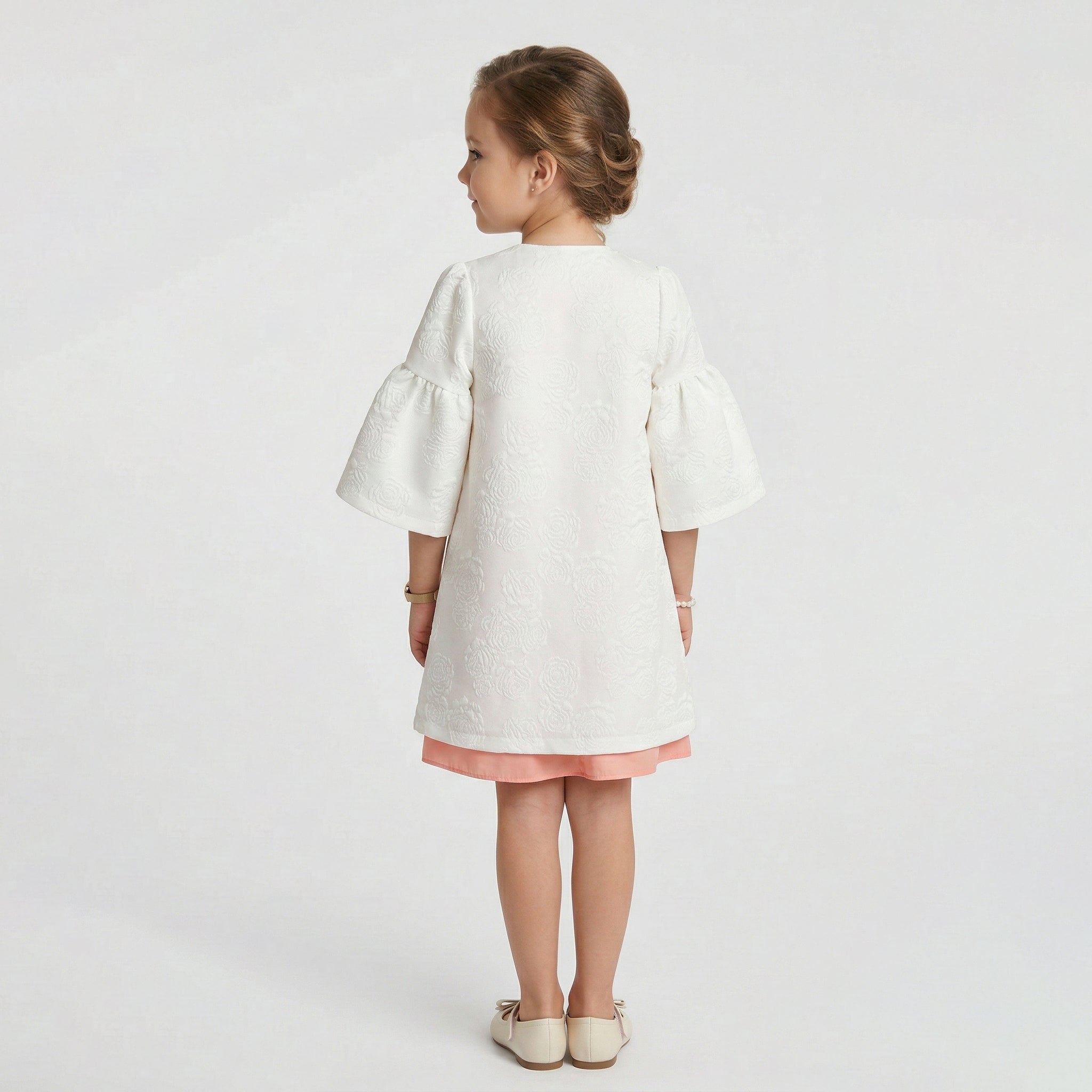 Girl's Evangeline Floral Embossed Coat & Peach Chiffon Dress Set