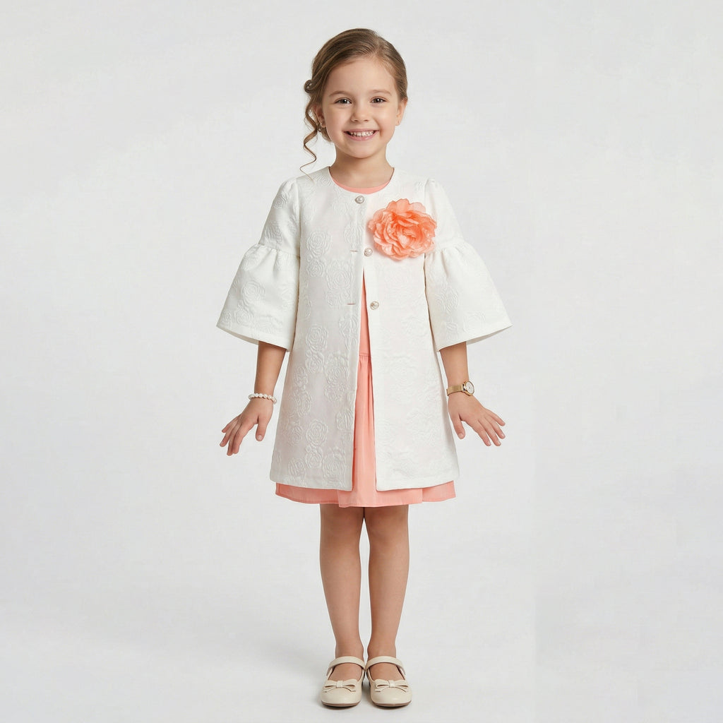 Girl's Evangeline Floral Embossed Coat & Peach Chiffon Dress Set