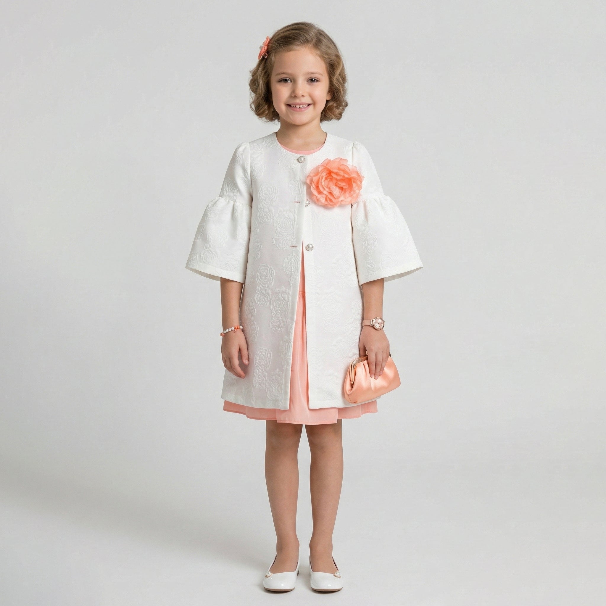 Girl's Evangeline Floral Embossed Coat & Peach Chiffon Dress Set