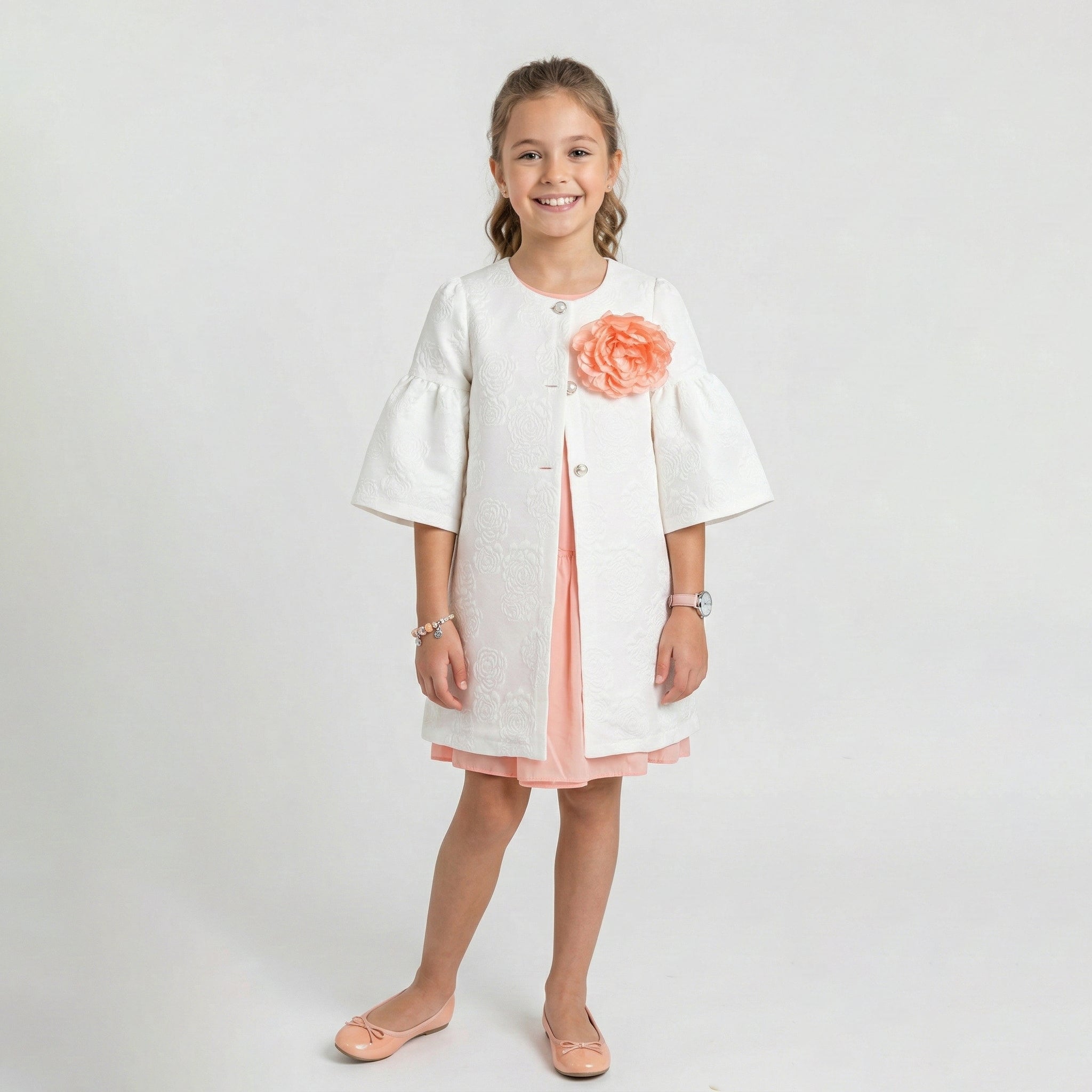 Girl's Evangeline Floral Embossed Coat & Peach Chiffon Dress Set