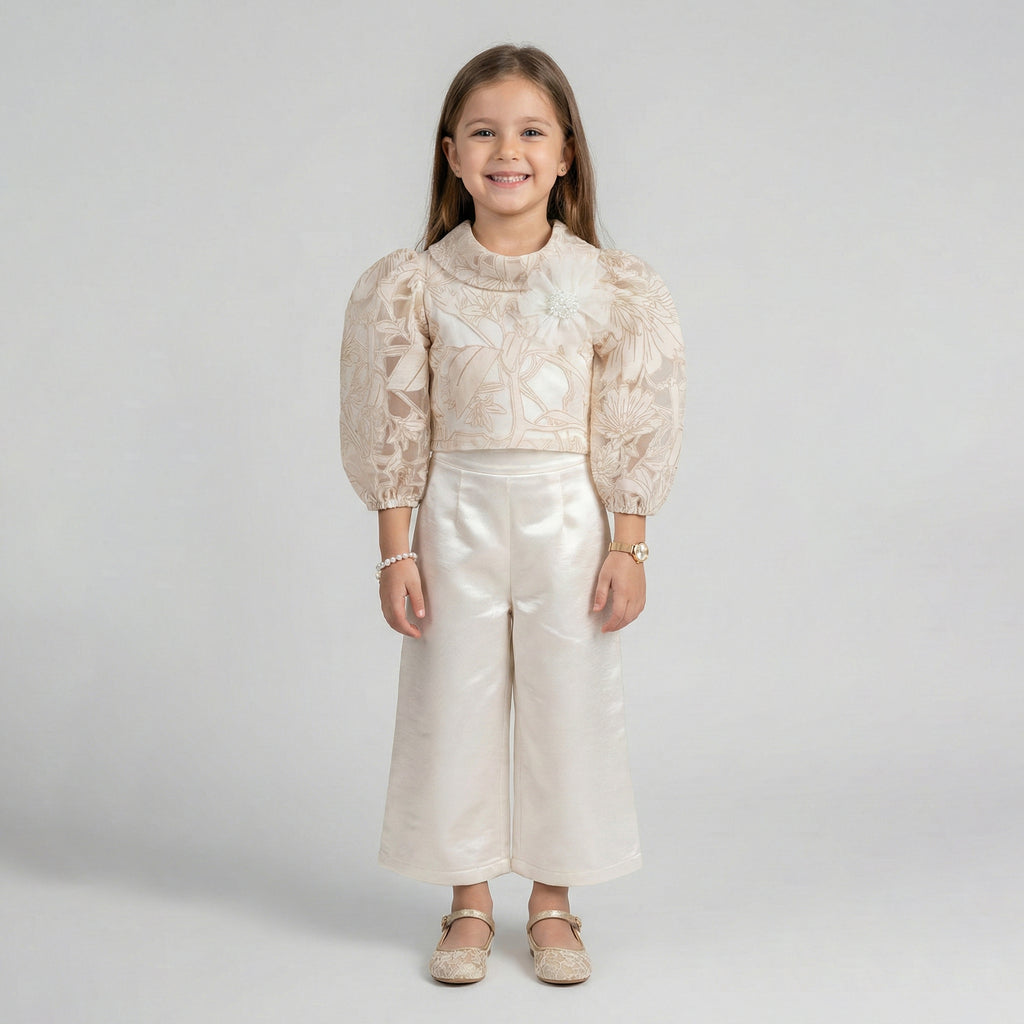 Girls' Genevieve Organza Bloom Blouse & Shimmer Wide-Leg Trouser Set