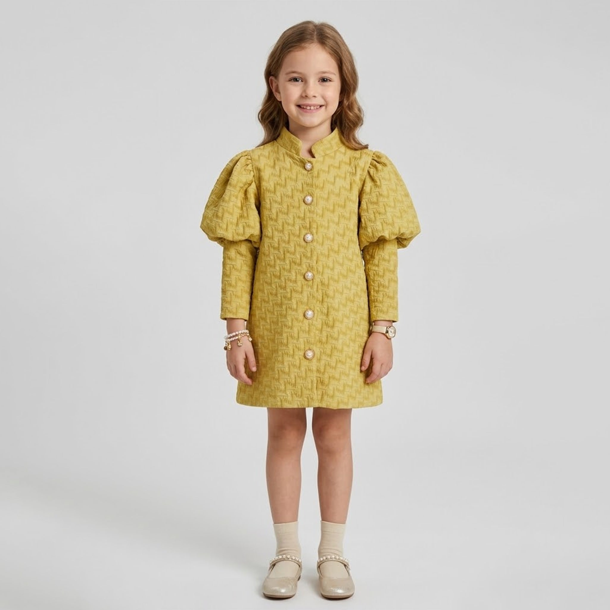 Girls' Seraphina Vintage-Inspired Jacquard Puff Sleeve Dress