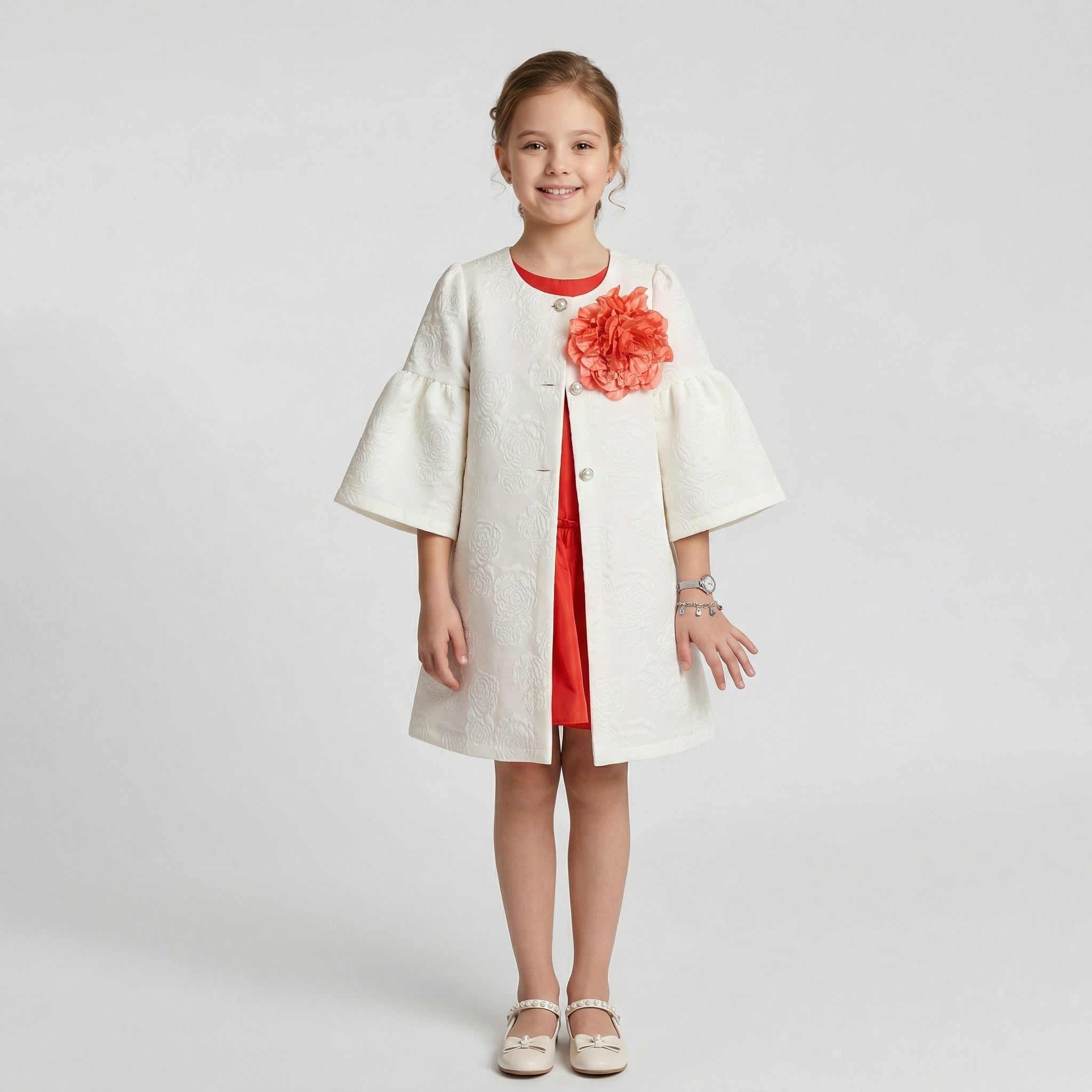 Girls Evangeline Floral Embossed Jacquard Coat & Dress Set
