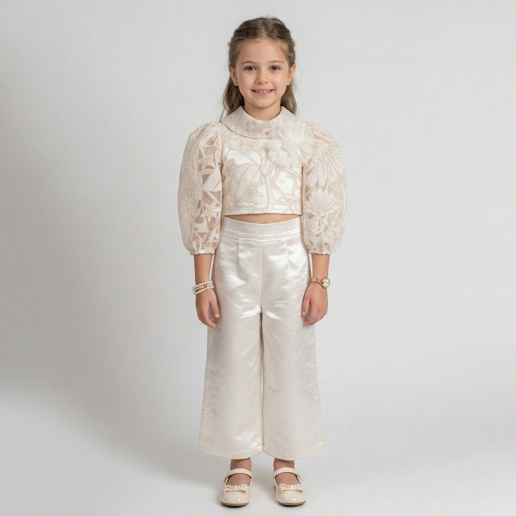 Girls' Genevieve Organza Bloom Blouse & Shimmer Wide-Leg Trouser Set