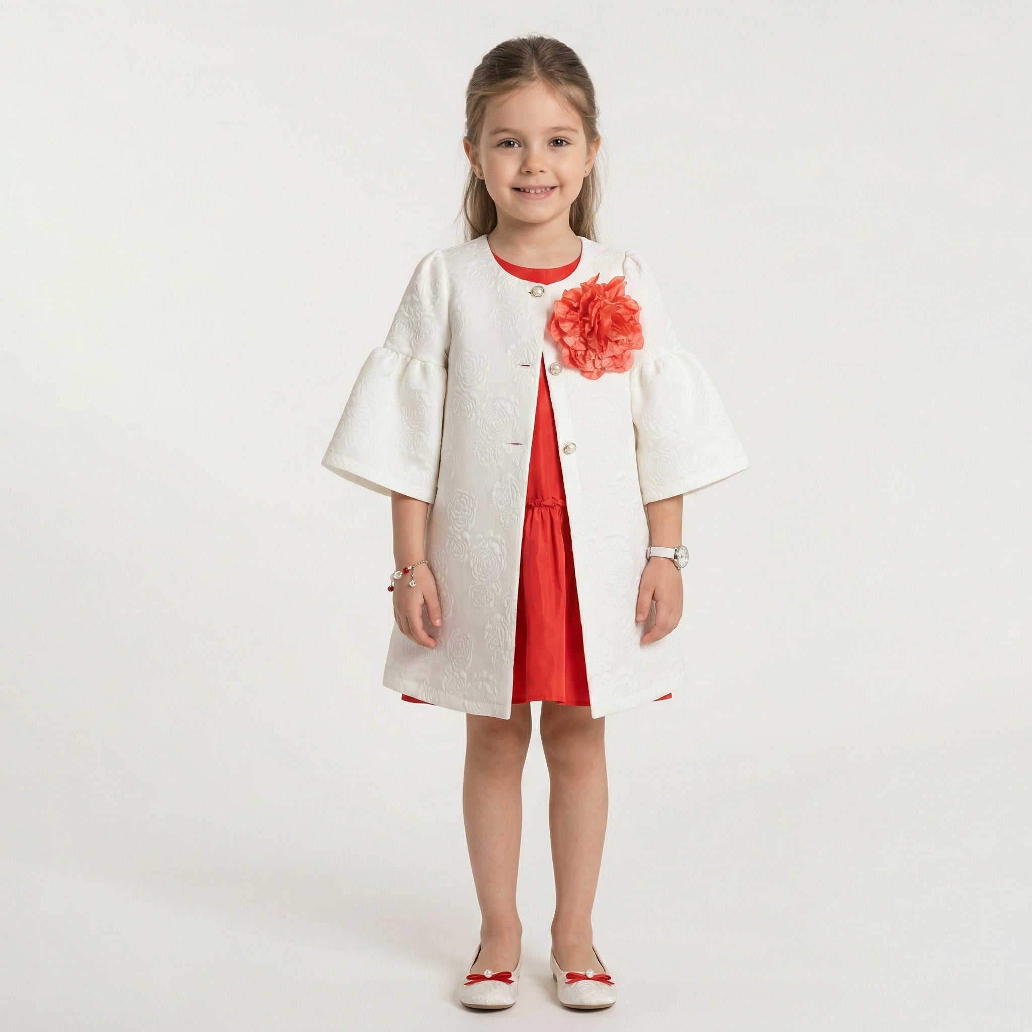 Girls Evangeline Floral Embossed Jacquard Coat & Dress Set