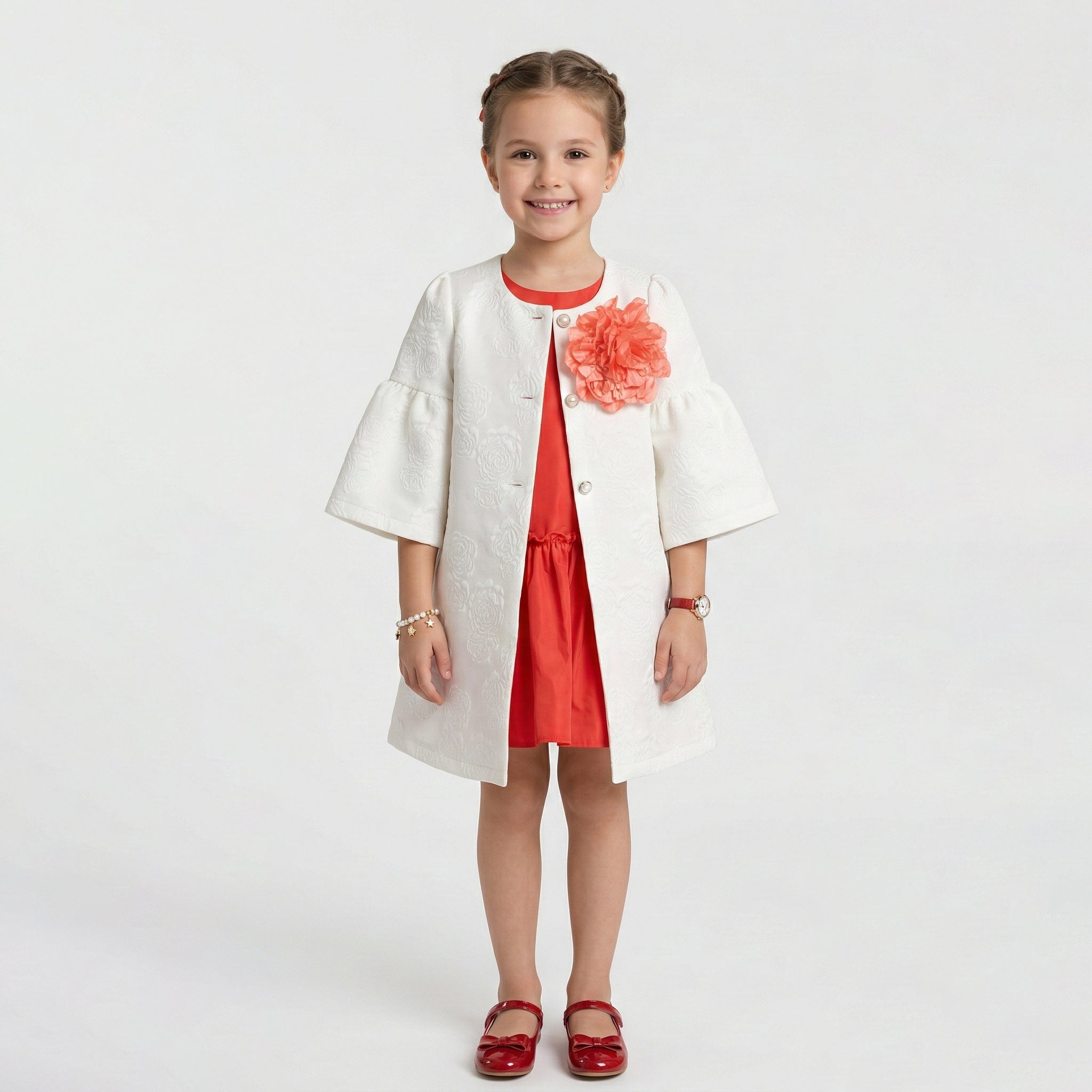 Girls Evangeline Floral Embossed Jacquard Coat & Dress Set