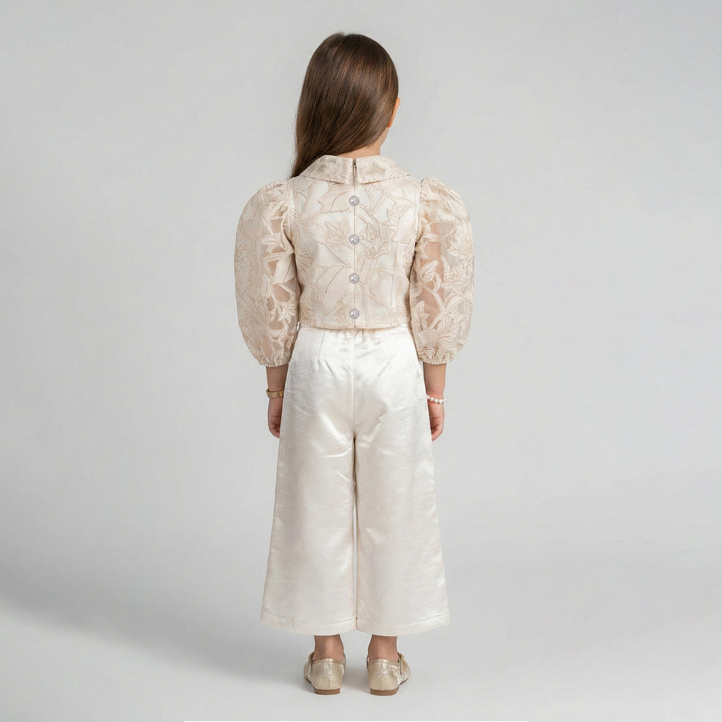 Girls' Genevieve Organza Bloom Blouse & Shimmer Wide-Leg Trouser Set