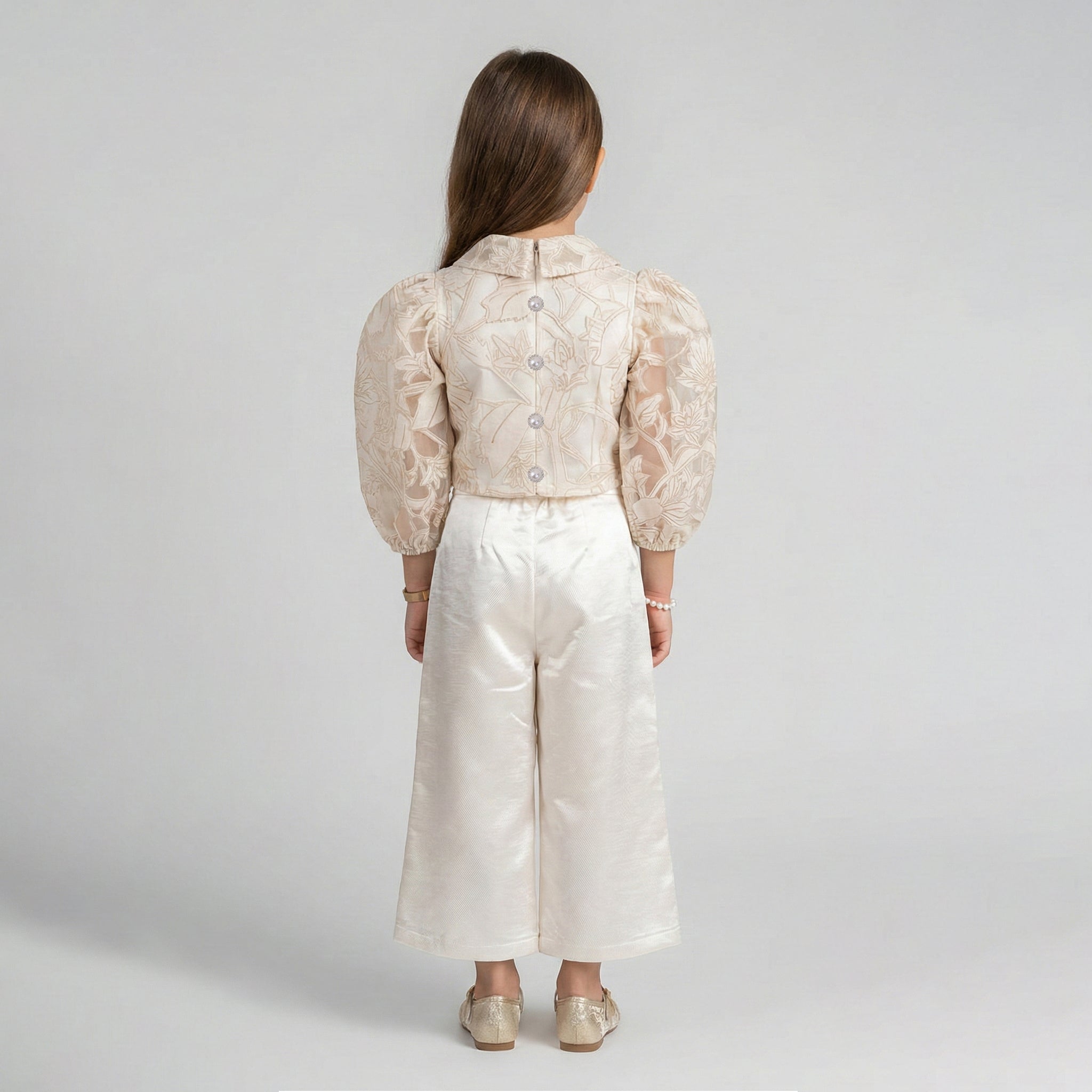 Girls' Genevieve Organza Bloom Blouse & Shimmer Wide-Leg Trouser Set