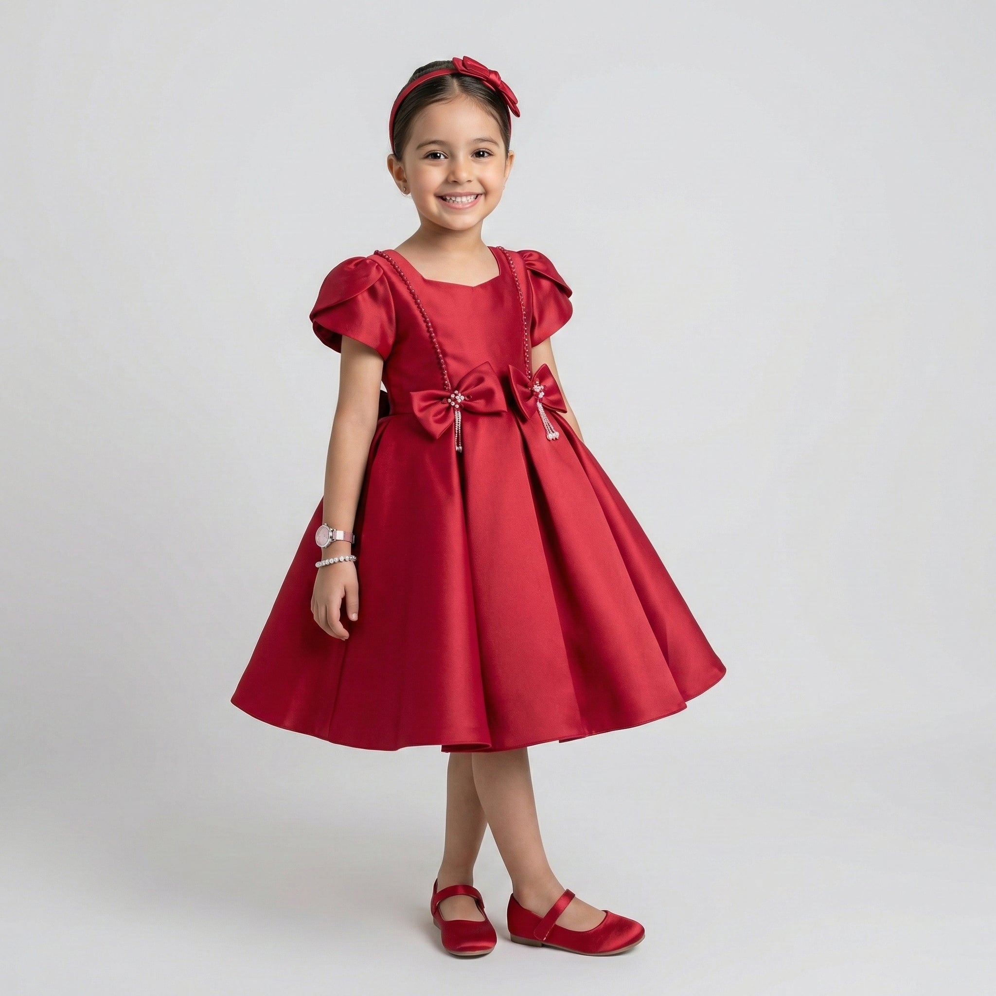 Girls’ Ruby Satin A-Line Party Dress – Double Bow Detail with Pearl Accents
