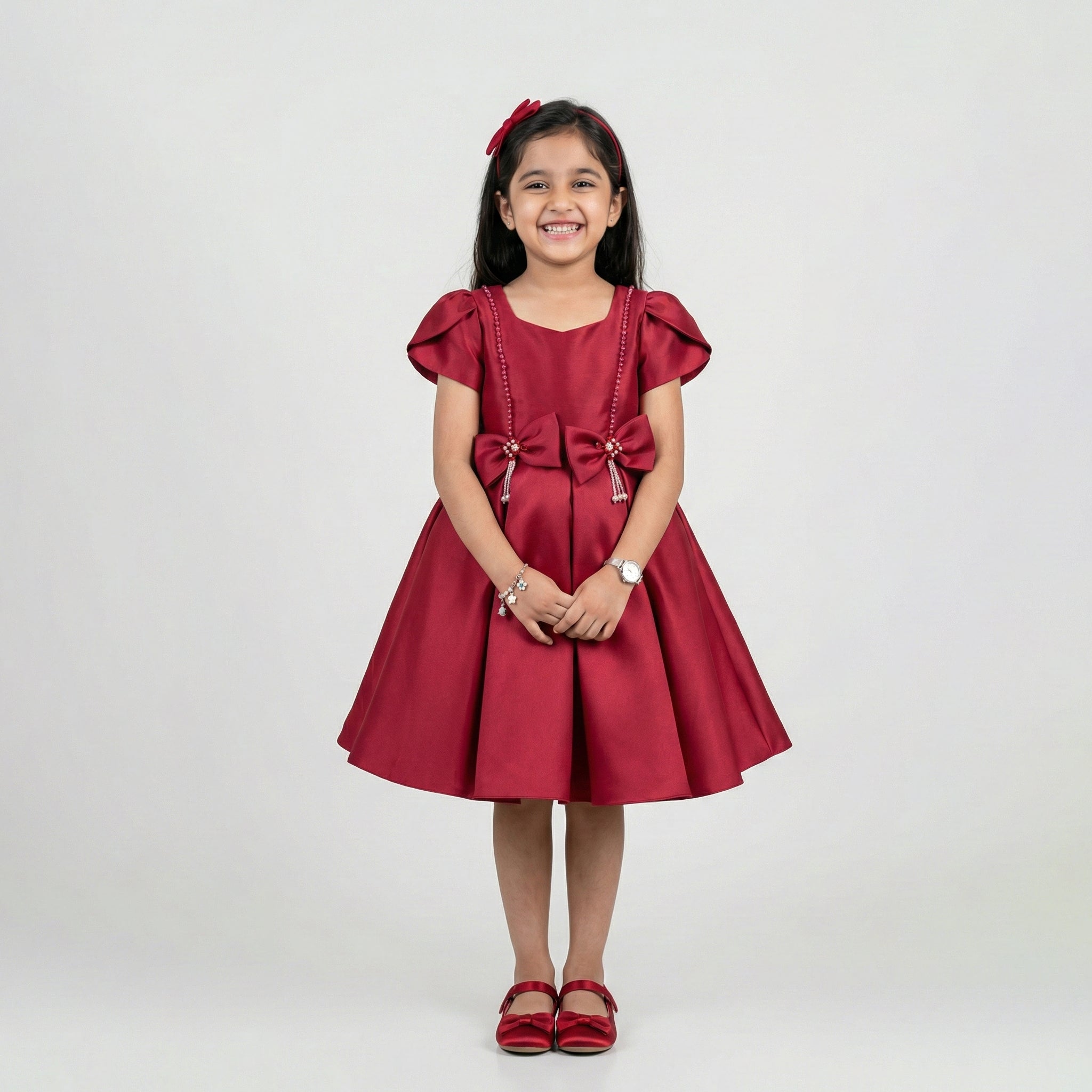 Girls’ Ruby Satin A-Line Party Dress – Double Bow Detail with Pearl Accents