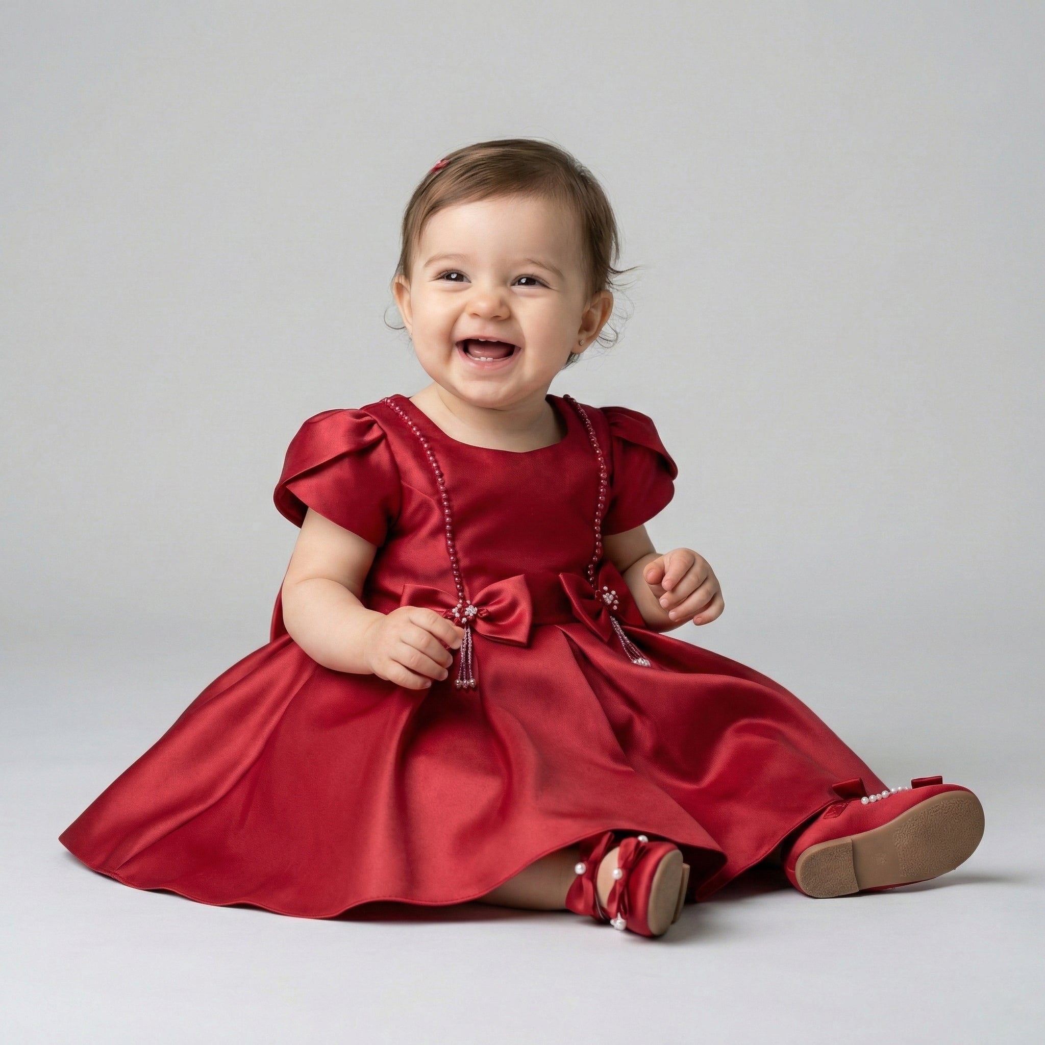 Girls’ Ruby Satin A-Line Party Dress – Double Bow Detail with Pearl Accents