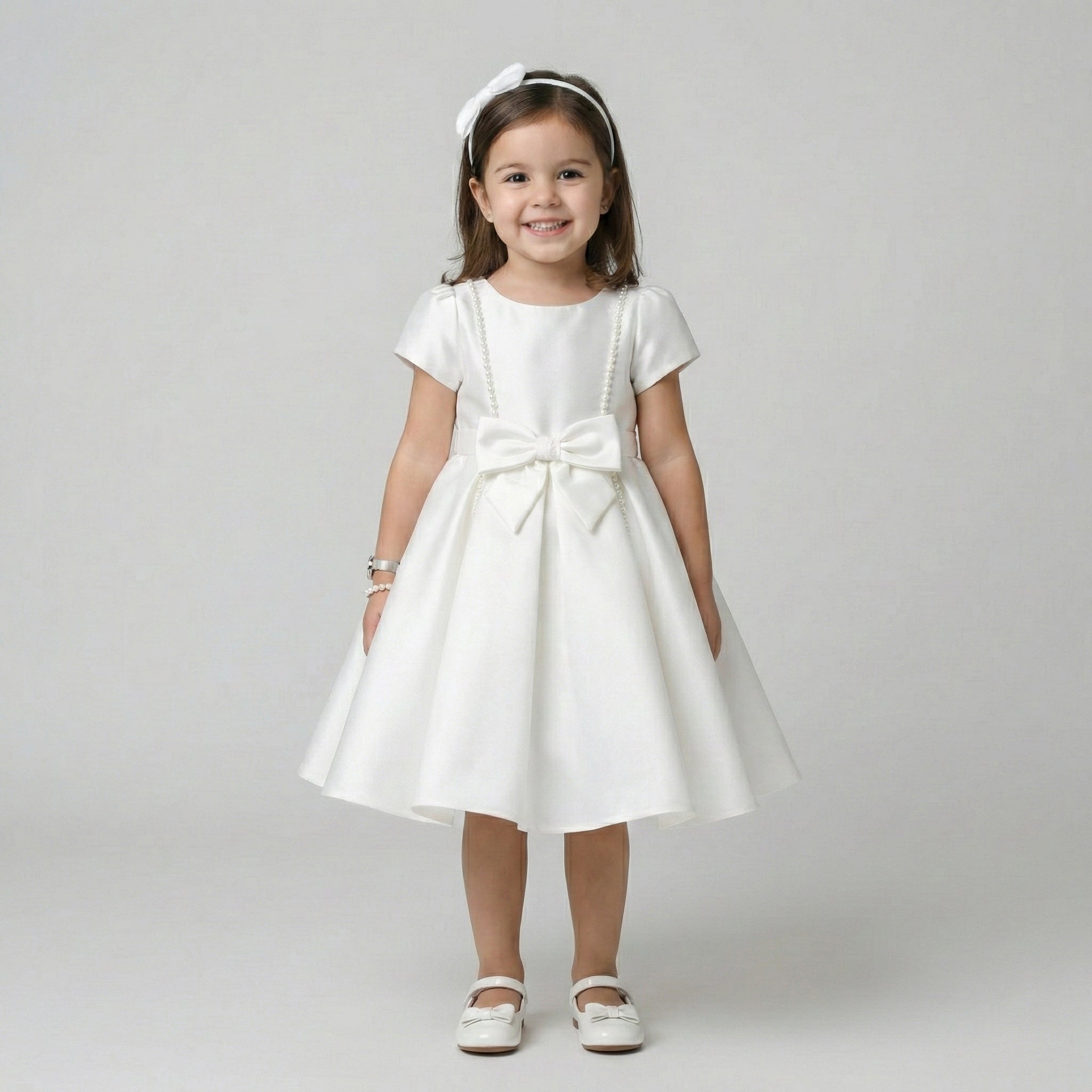 Girls' Formal Satin Princess Dress – Pearl-Accented Party Gown in Bridal White