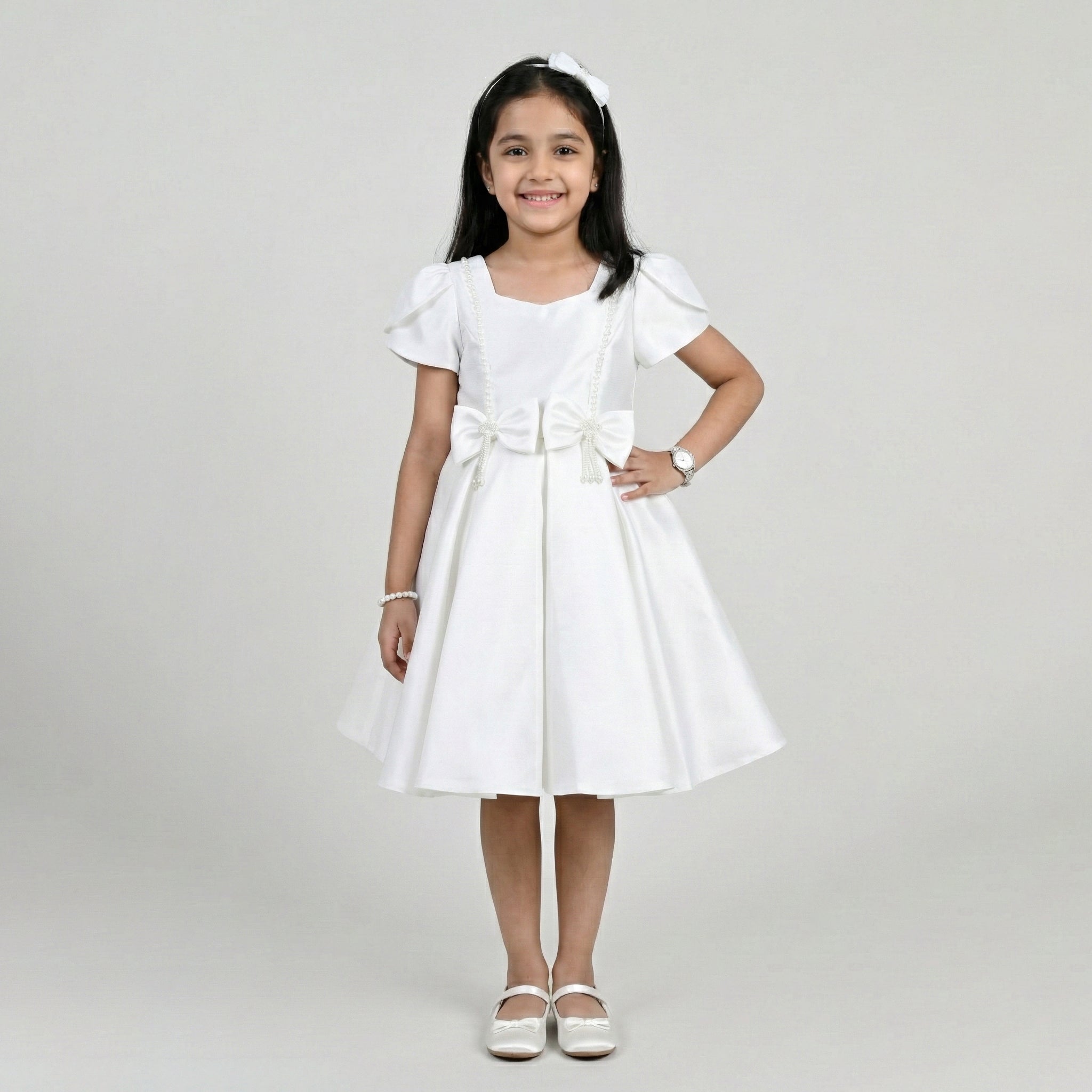 Girls' Formal Satin Princess Dress – Pearl-Accented Party Gown in Bridal White
