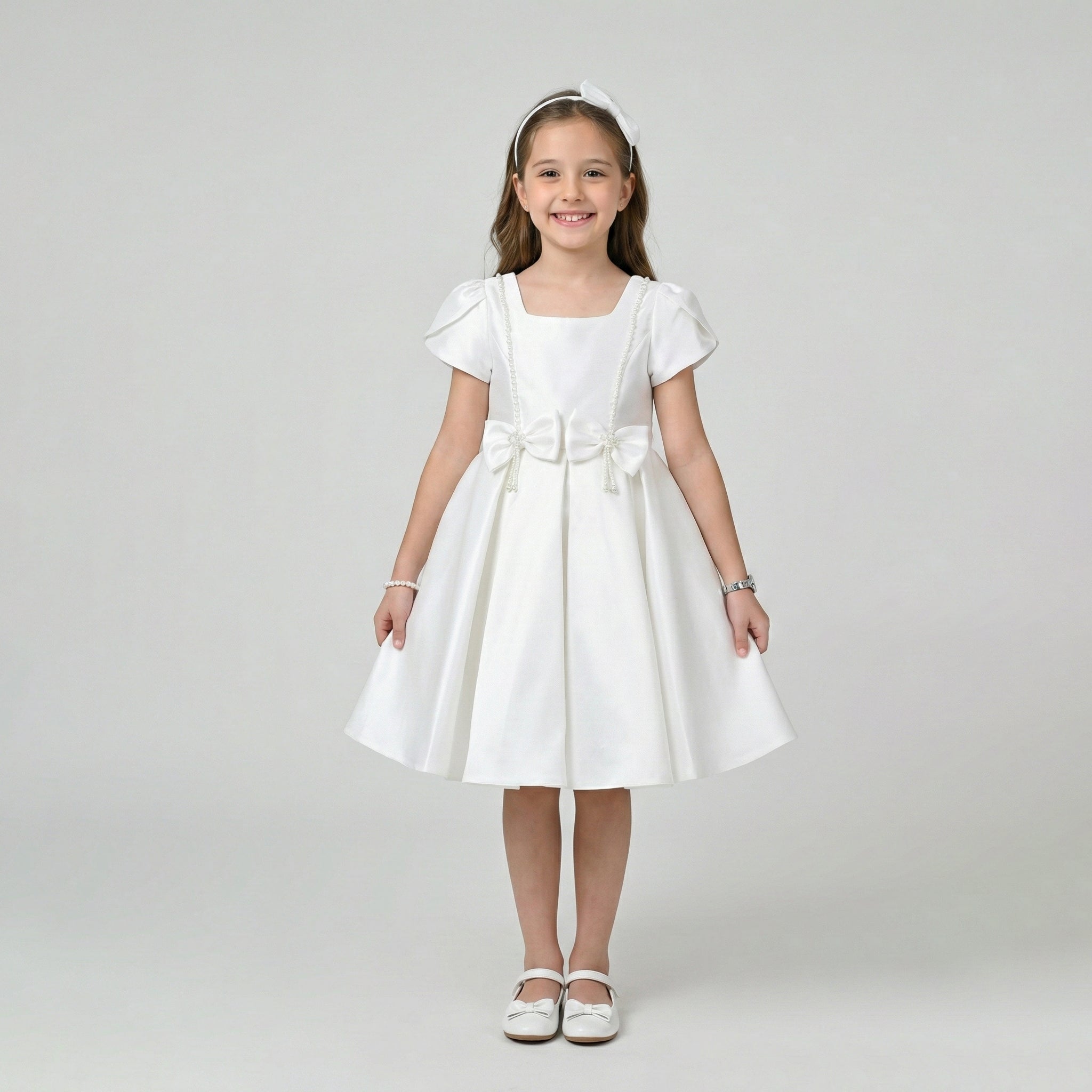 Girls' Formal Satin Princess Dress – Pearl-Accented Party Gown in Bridal White