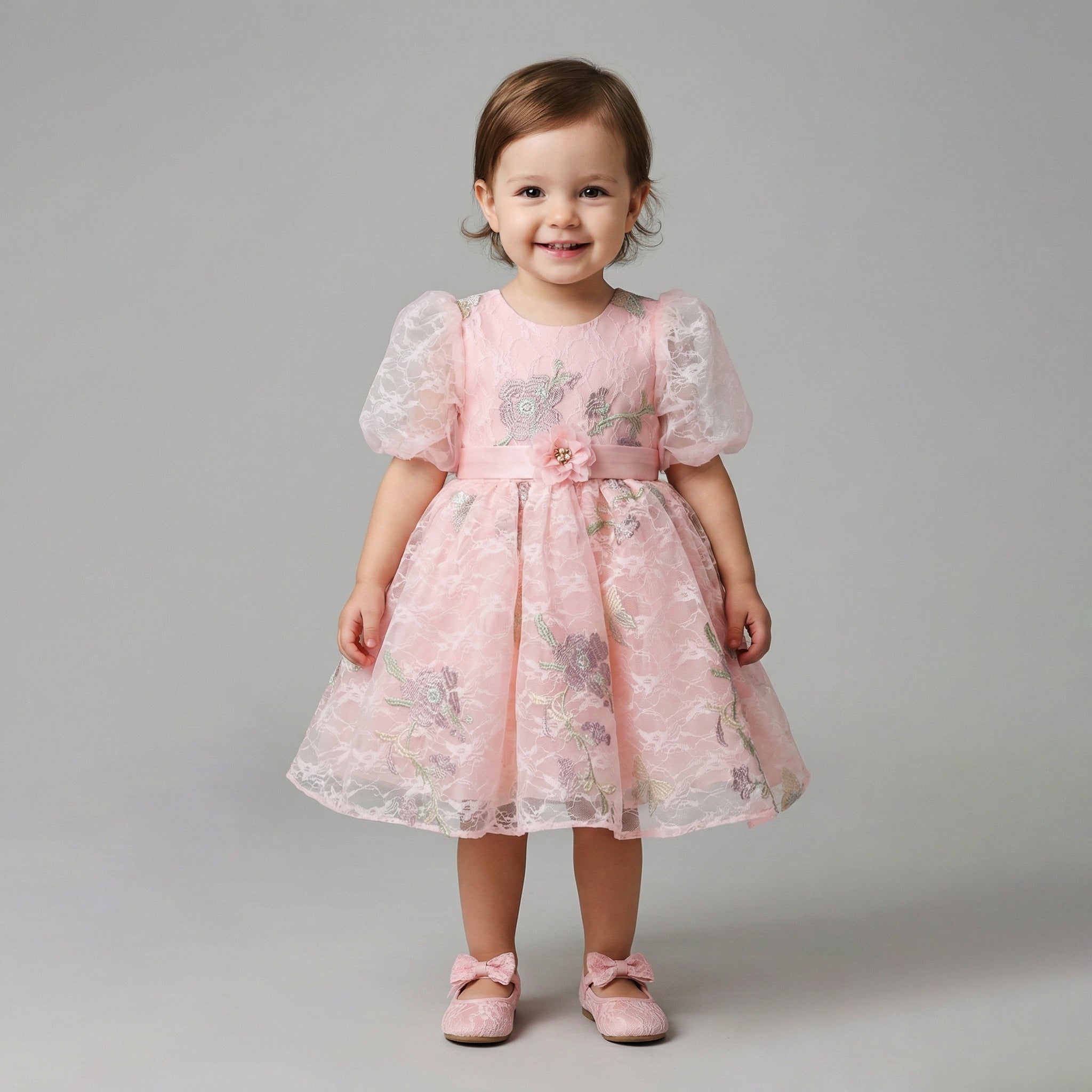 Girls' Floral Embroidered Lace Party Dress with Sheer Puff Sleeves