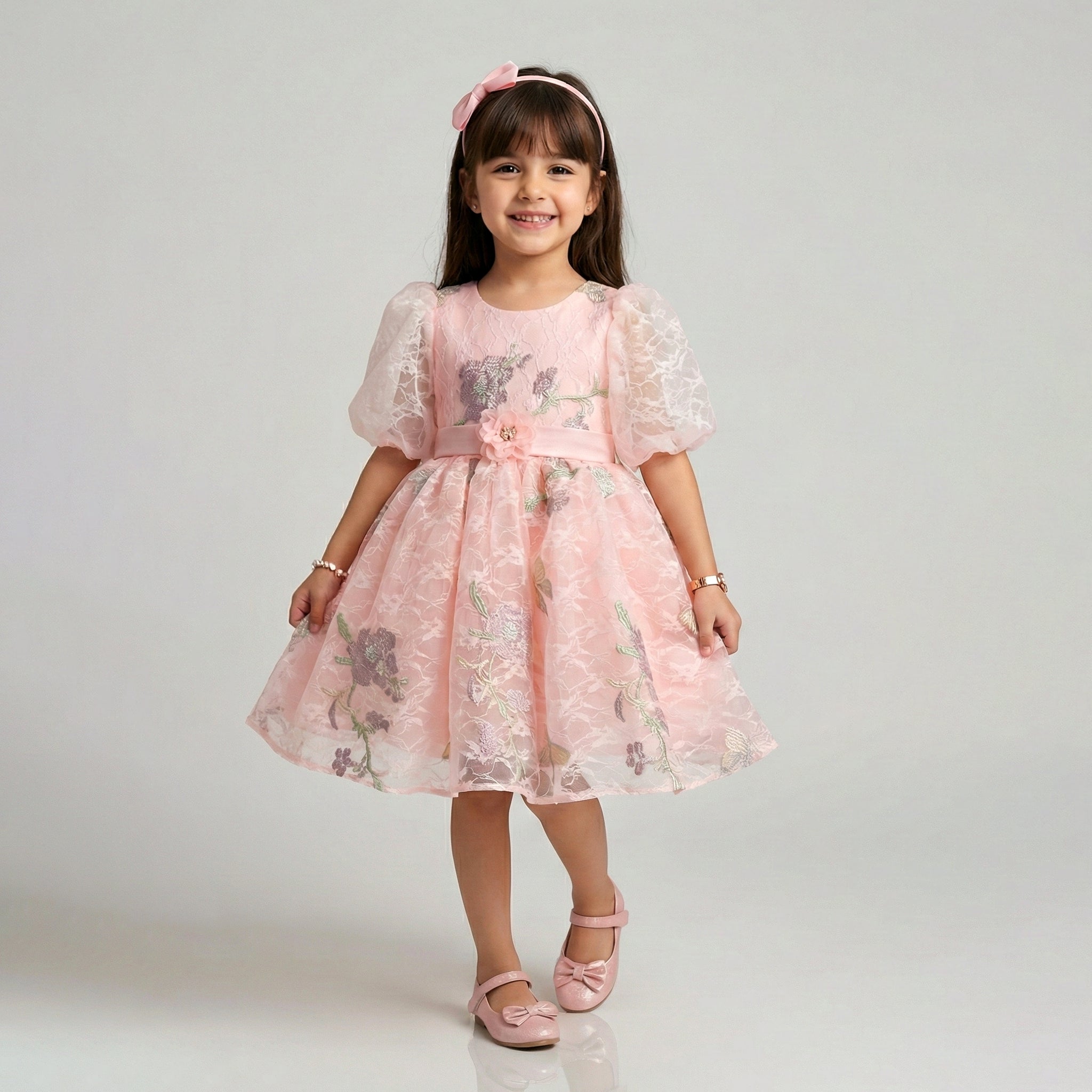 Girls' Floral Embroidered Lace Party Dress with Sheer Puff Sleeves