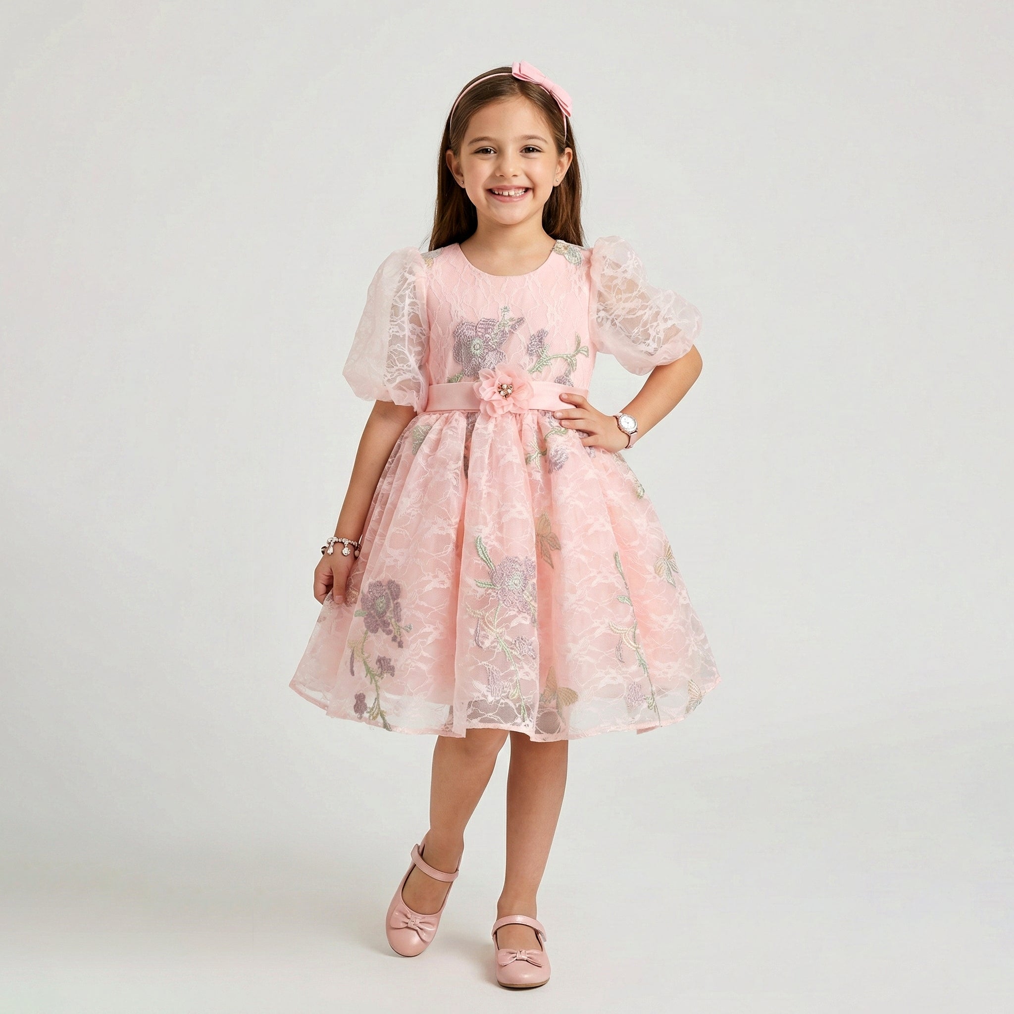 Girls' Floral Embroidered Lace Party Dress with Sheer Puff Sleeves