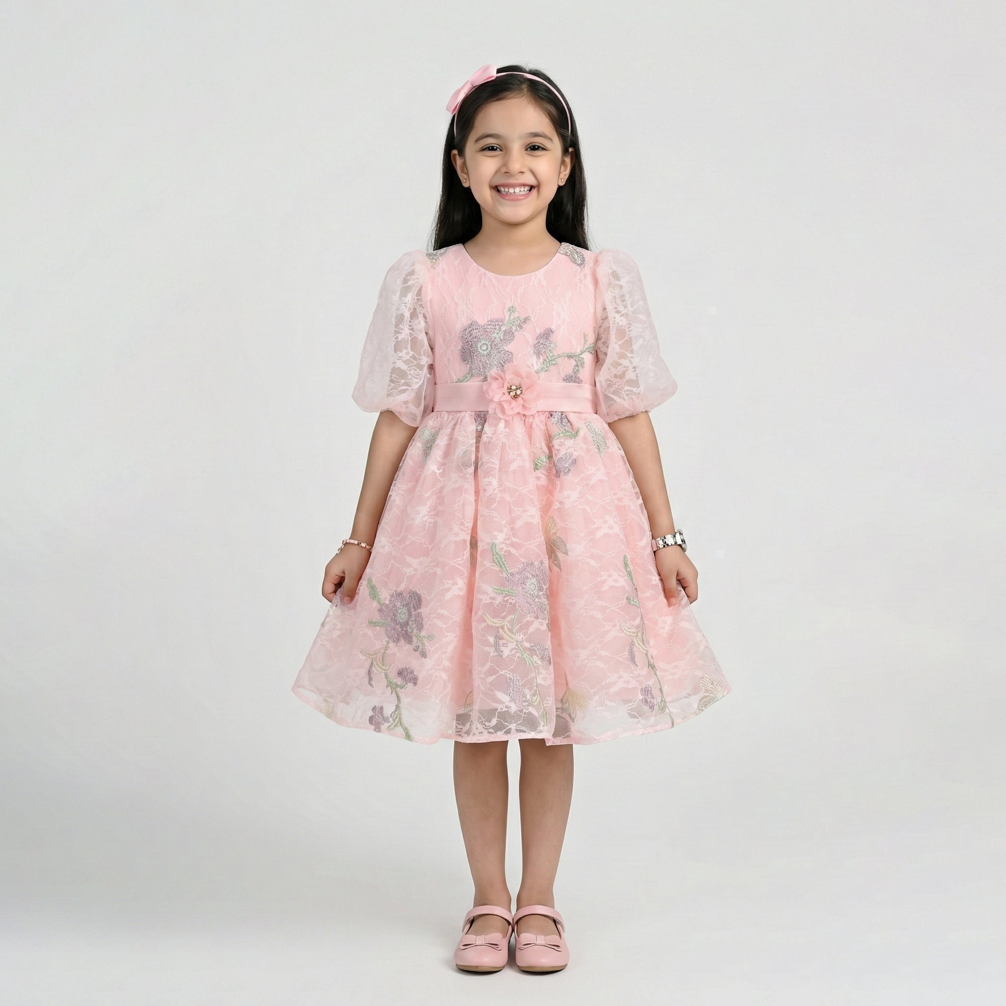 Girls' Floral Embroidered Lace Party Dress with Sheer Puff Sleeves