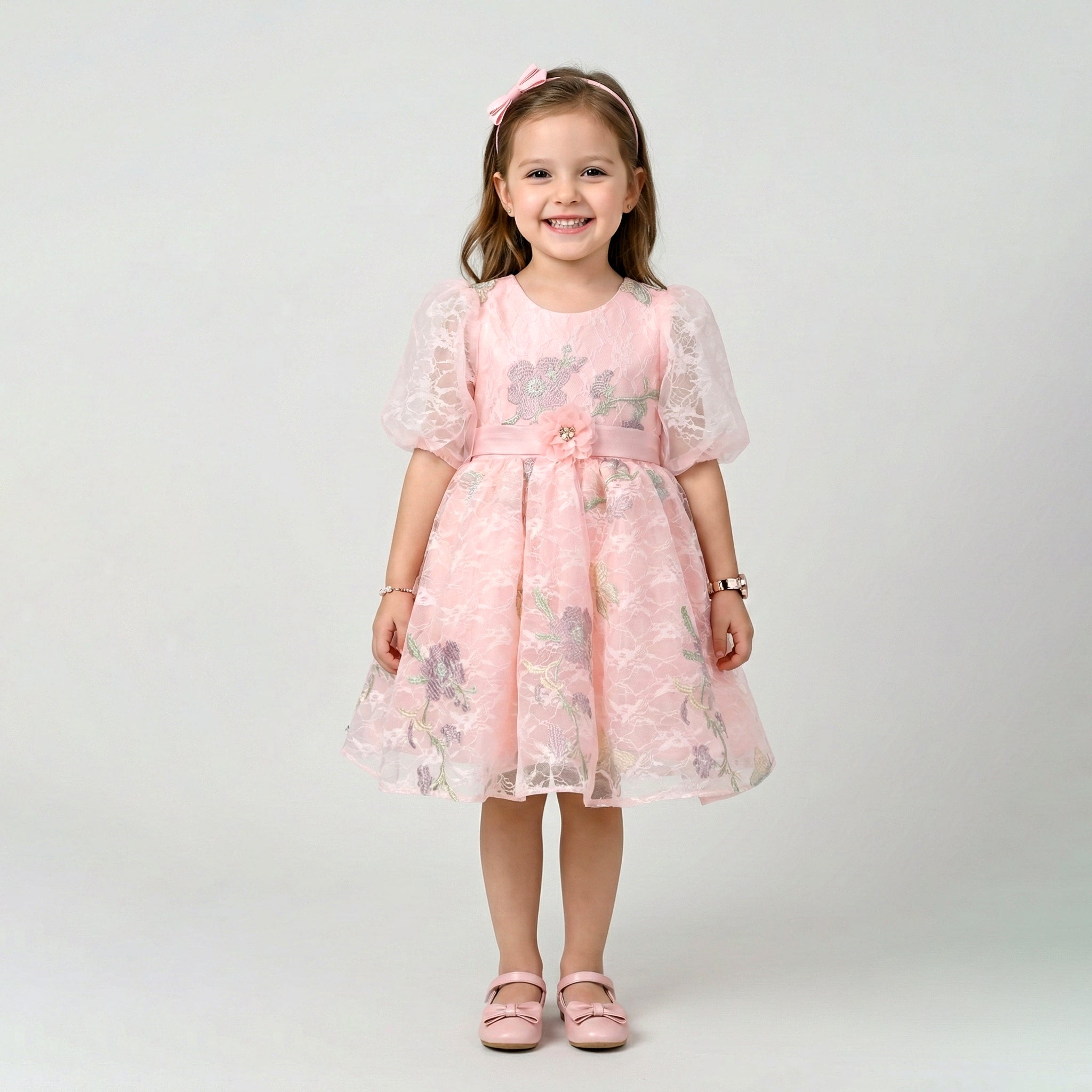 Girls' Floral Embroidered Lace Party Dress with Sheer Puff Sleeves