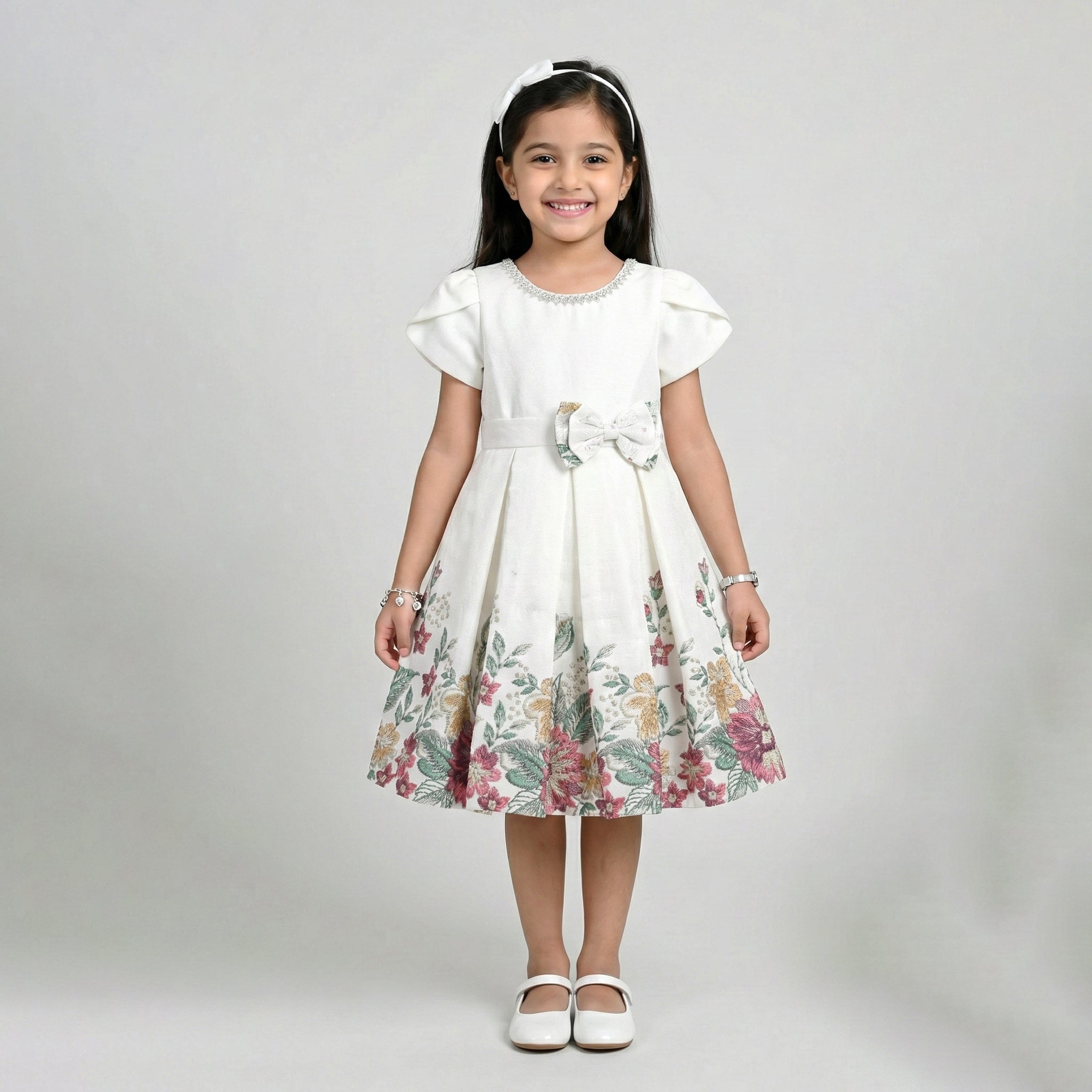 Girls' Vintage Floral Brocade Party Dress – Embossed White with Garden Bloom Hem