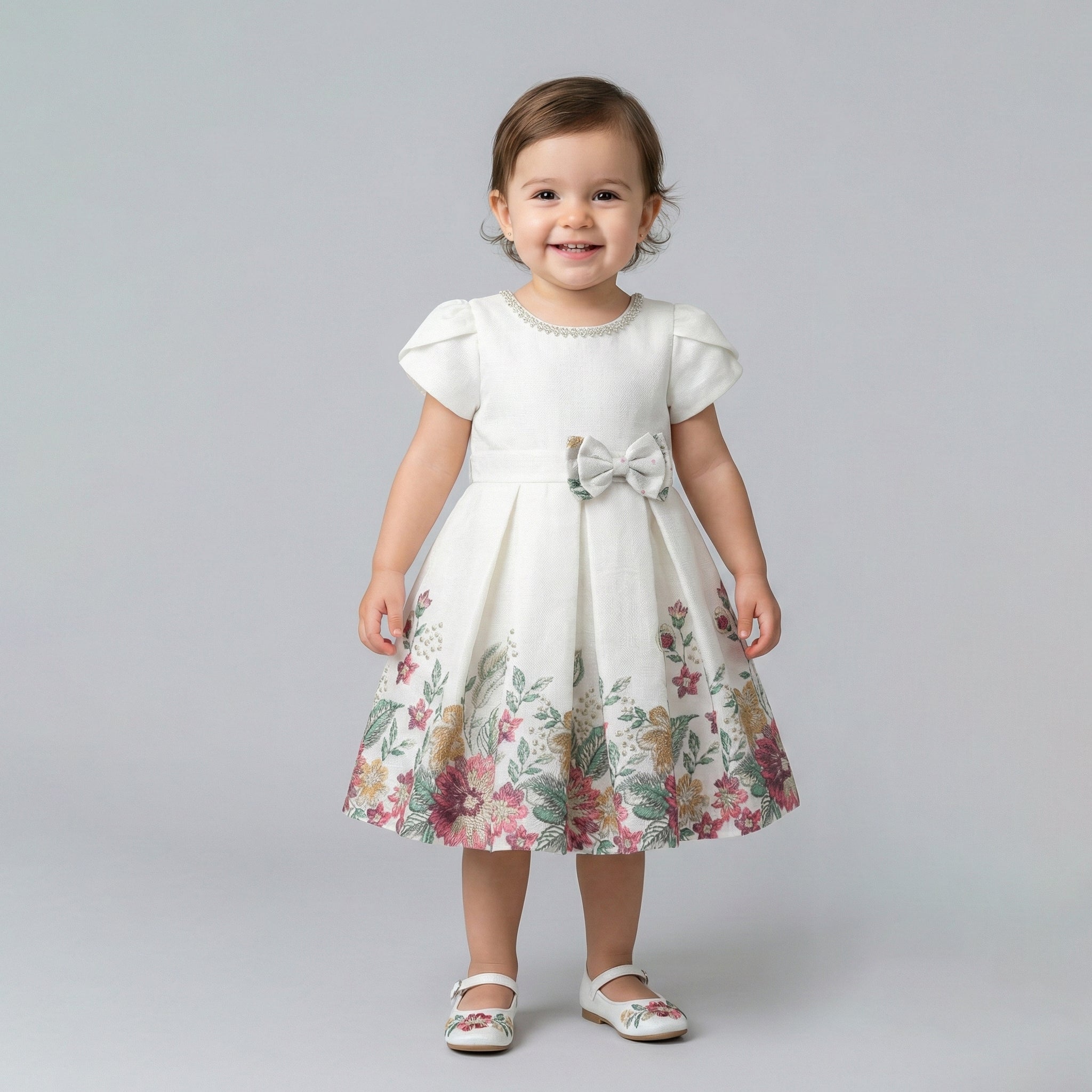 Girls' Vintage Floral Brocade Party Dress – Embossed White with Garden Bloom Hem