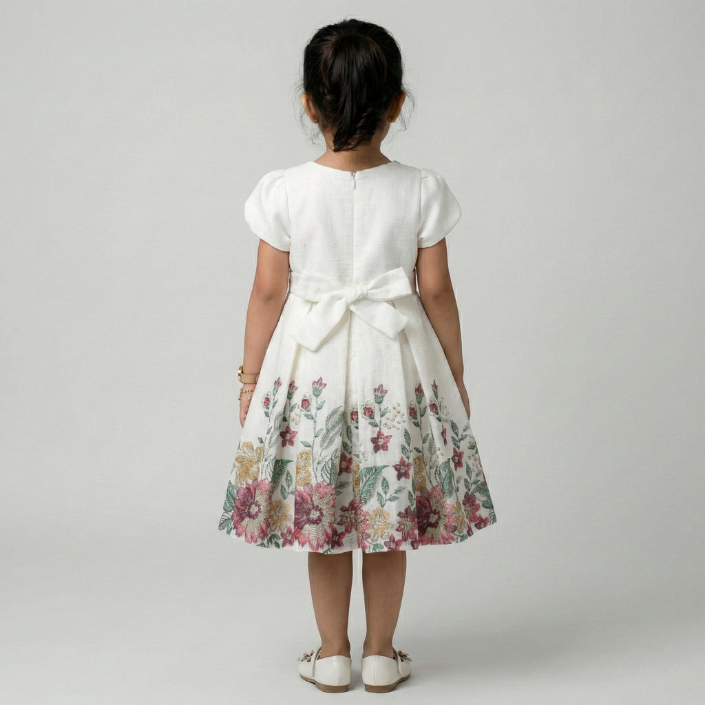 Girls' Whimsical Floral Garden Party Dress with Satin Accent