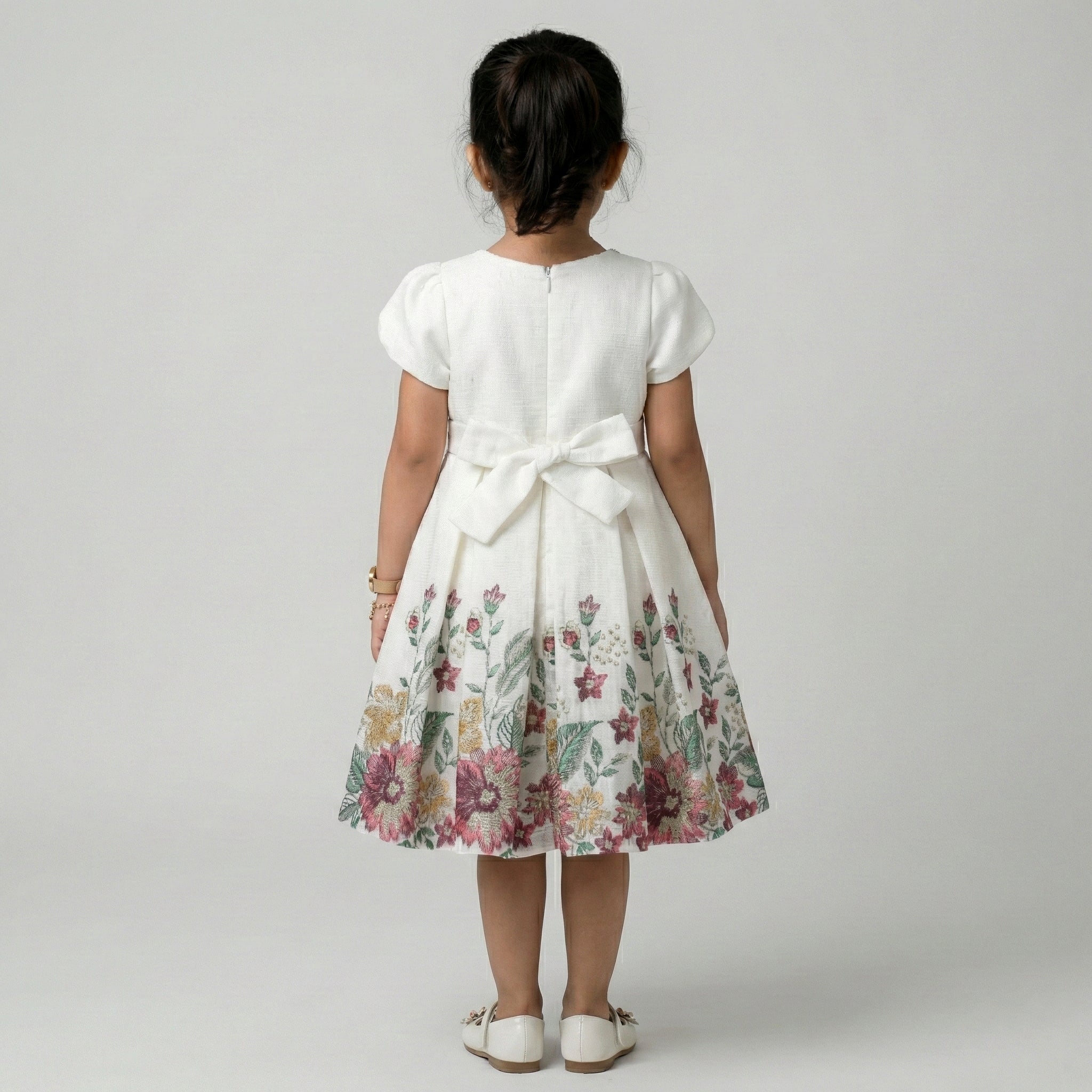 Girls' Whimsical Floral Garden Party Dress with Satin Accent