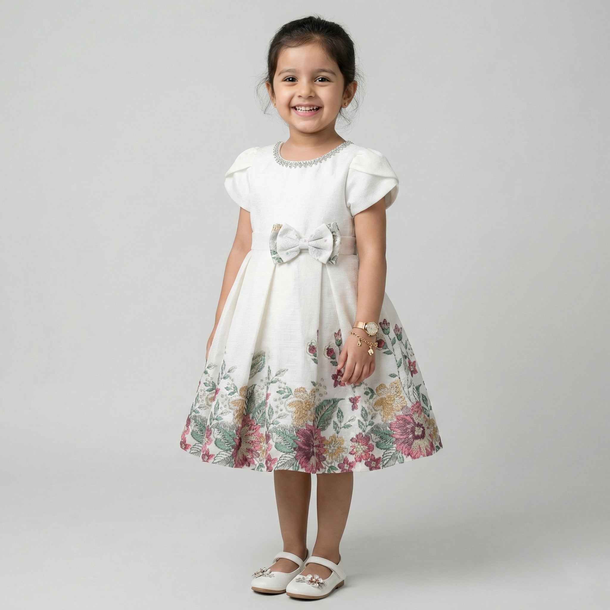 Girls' Vintage Floral Brocade Party Dress – Embossed White with Garden Bloom Hem