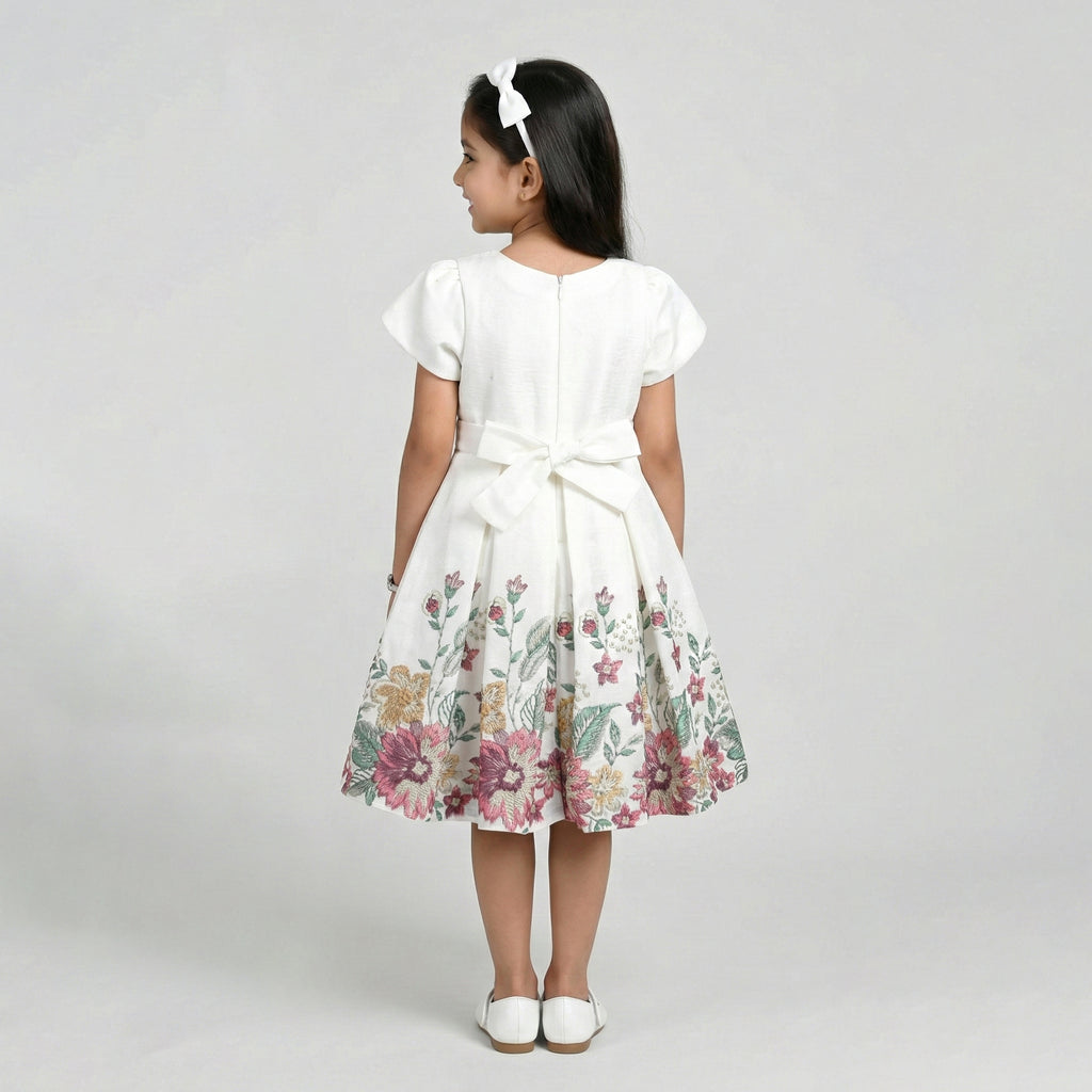 Girls' Elegant Floral-Print Occasion Dress with Classic Bow