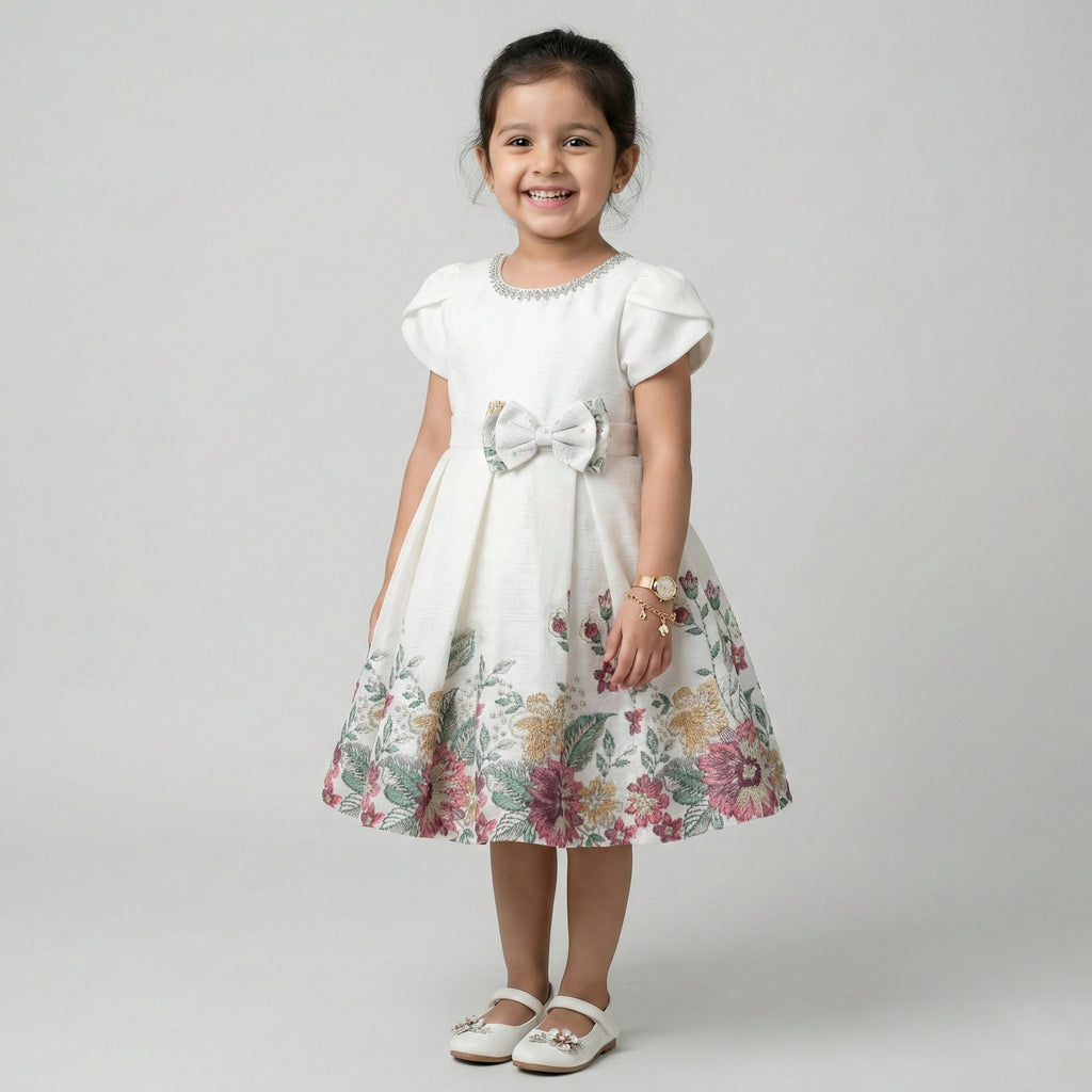 Girls' Whimsical Floral Garden Party Dress with Satin Accent