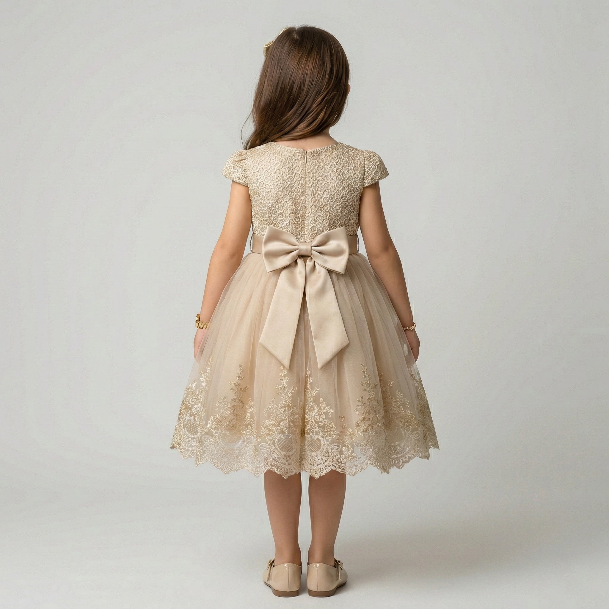 Girls' Golden Honeycomb & Embroidered Tulle Gala Dress