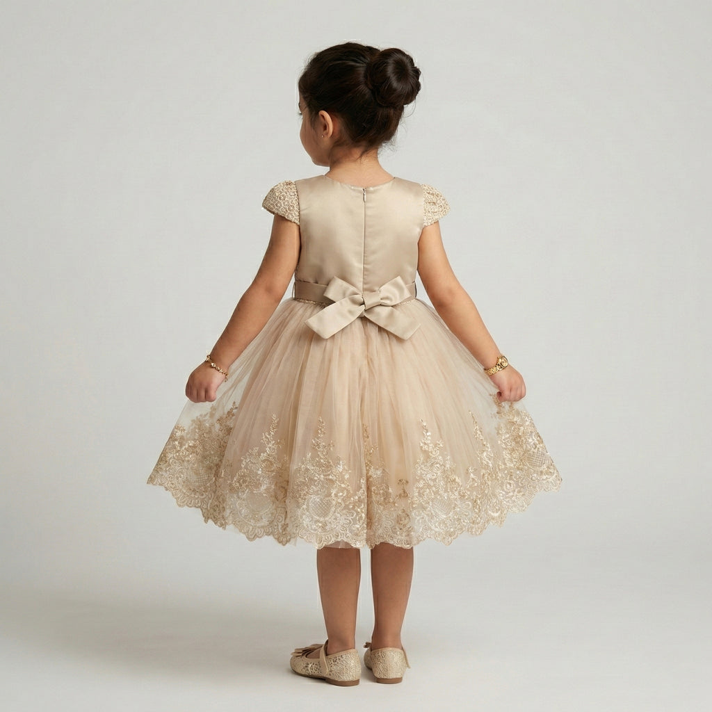Girls' Classic Floral-Textured Coat with Velvet Ribbon Detail