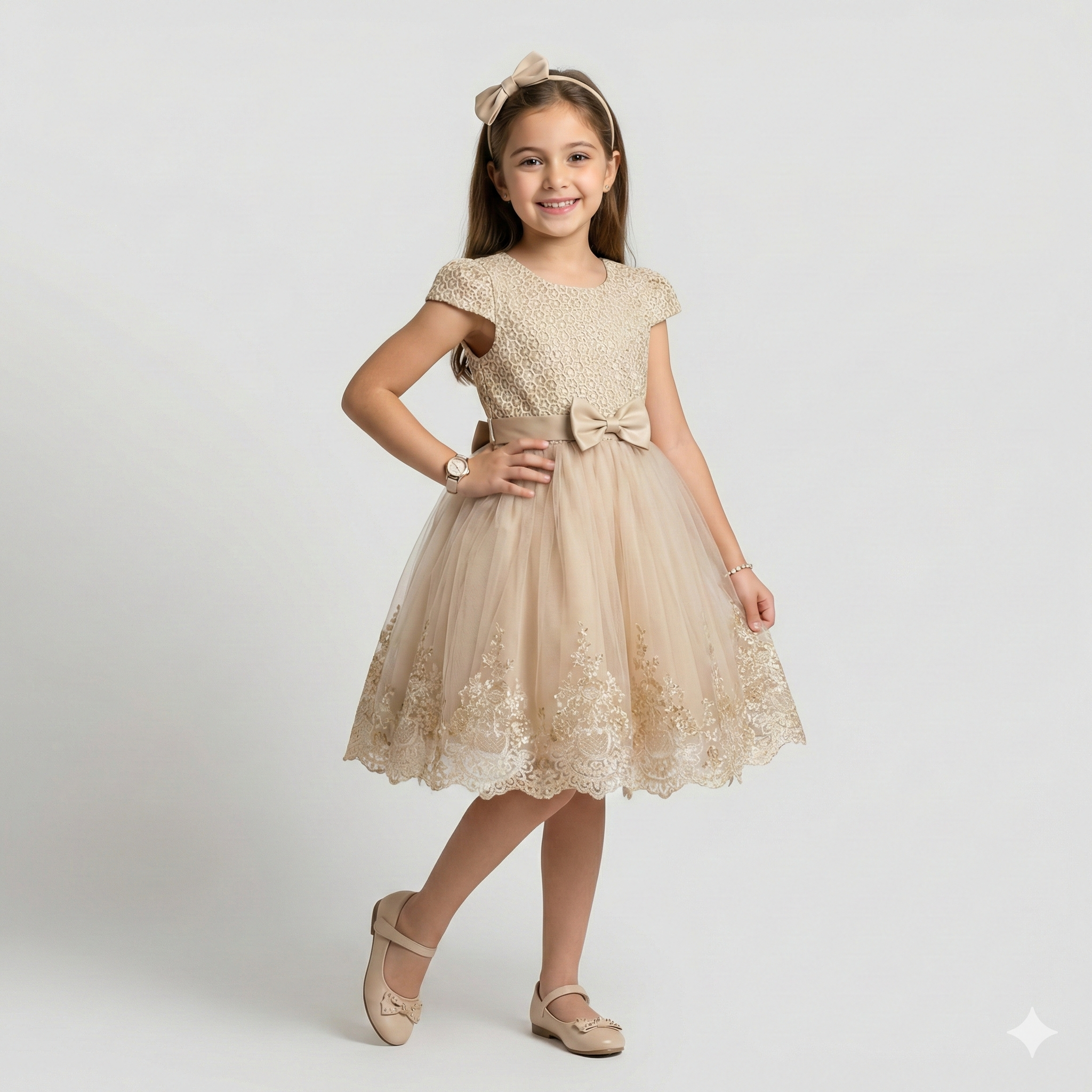 Girls' Golden Honeycomb & Embroidered Tulle Gala Dress