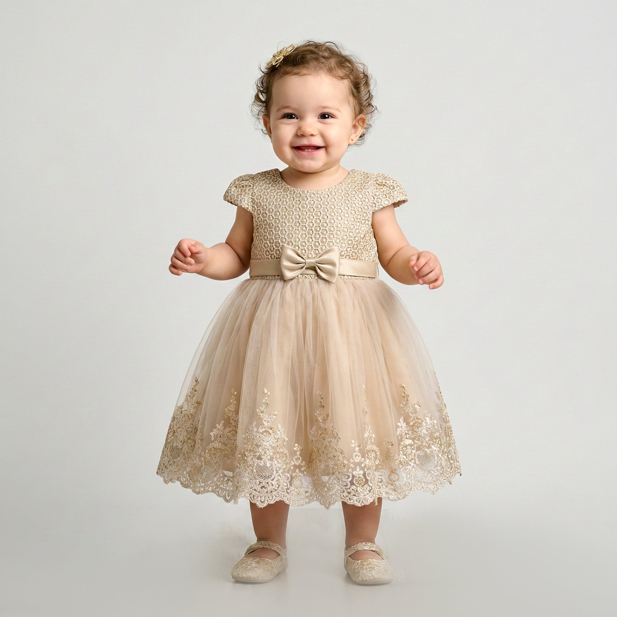 Girls' Golden Honeycomb & Embroidered Tulle Gala Dress