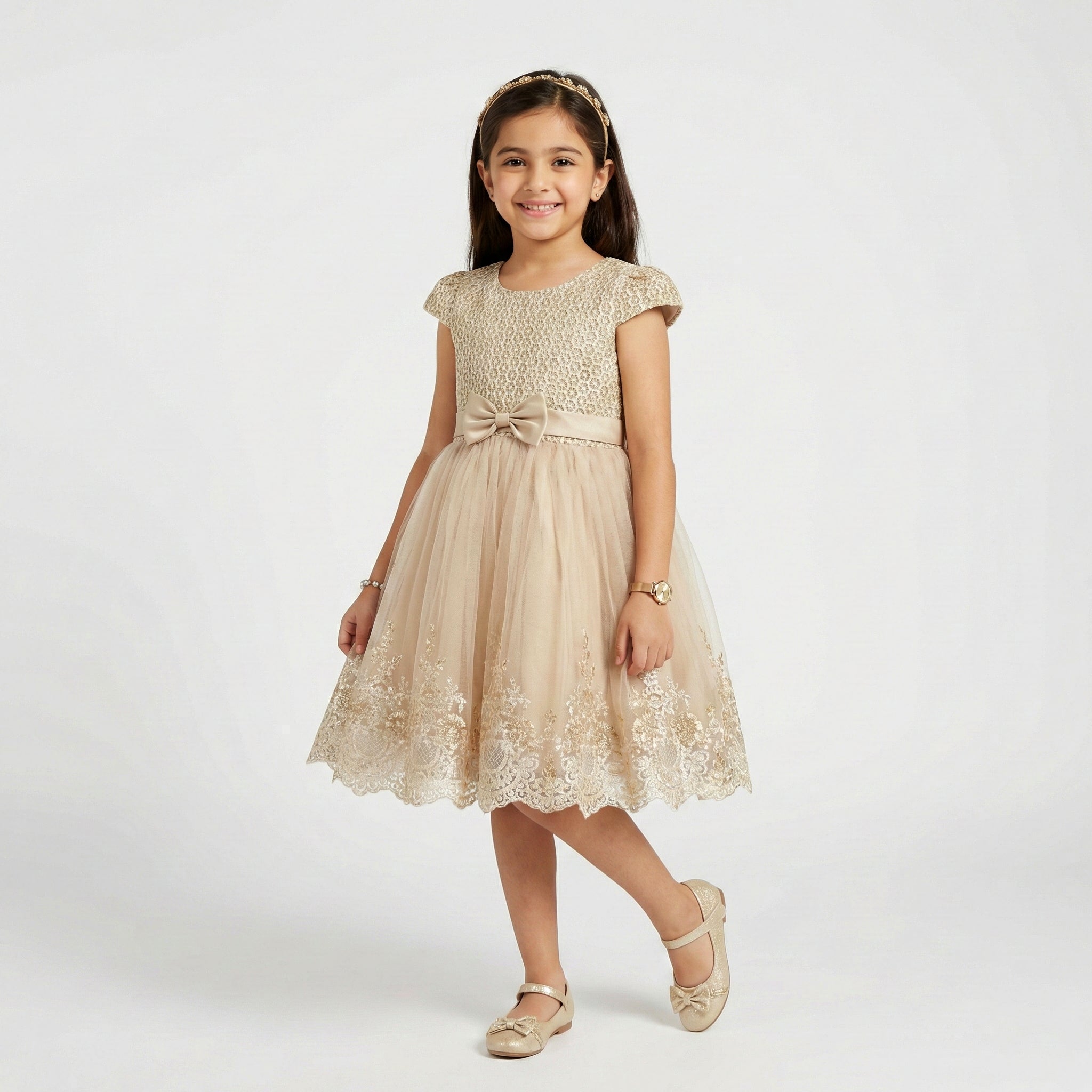 Girls' Golden Honeycomb & Embroidered Tulle Gala Dress