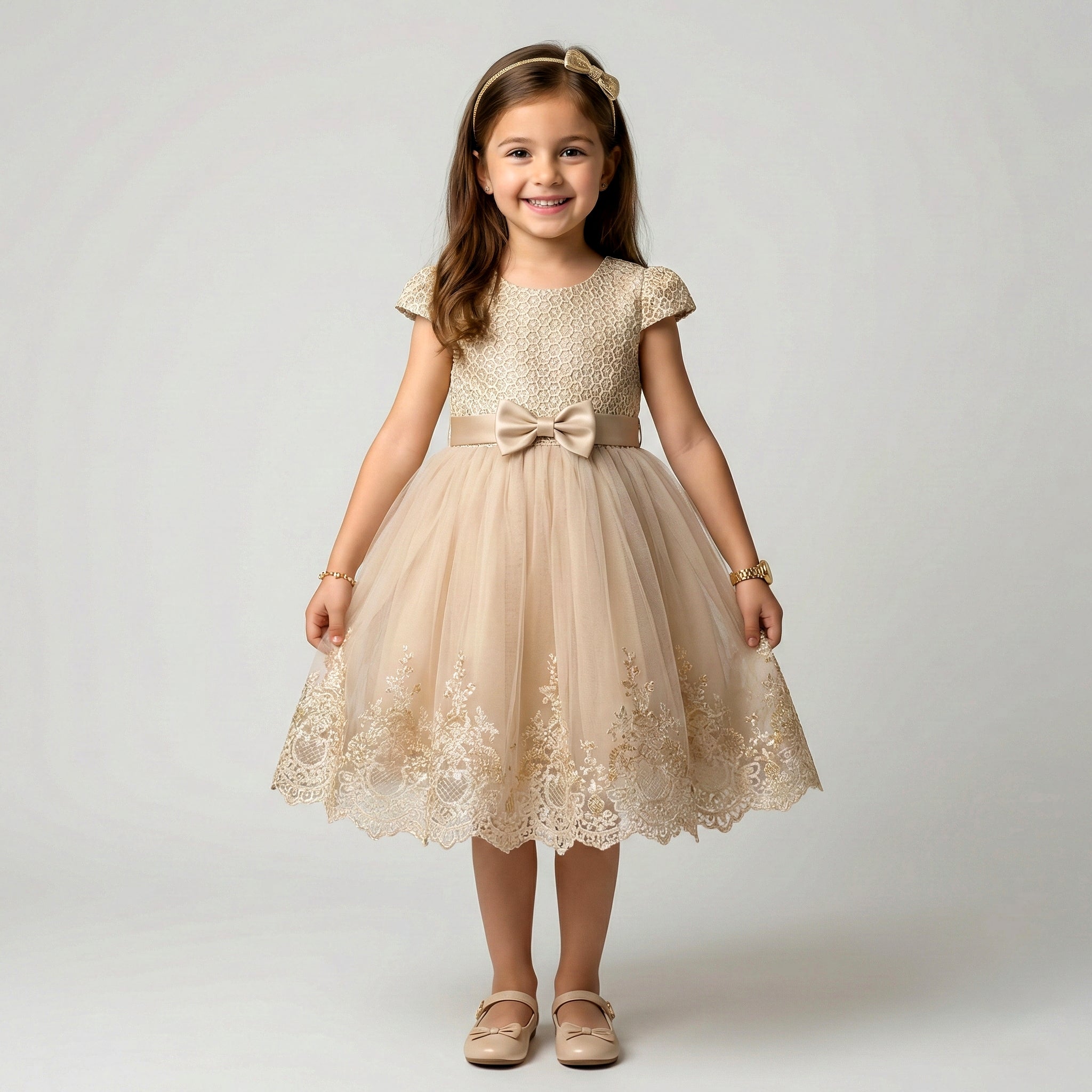 Girls' Golden Honeycomb & Embroidered Tulle Gala Dress