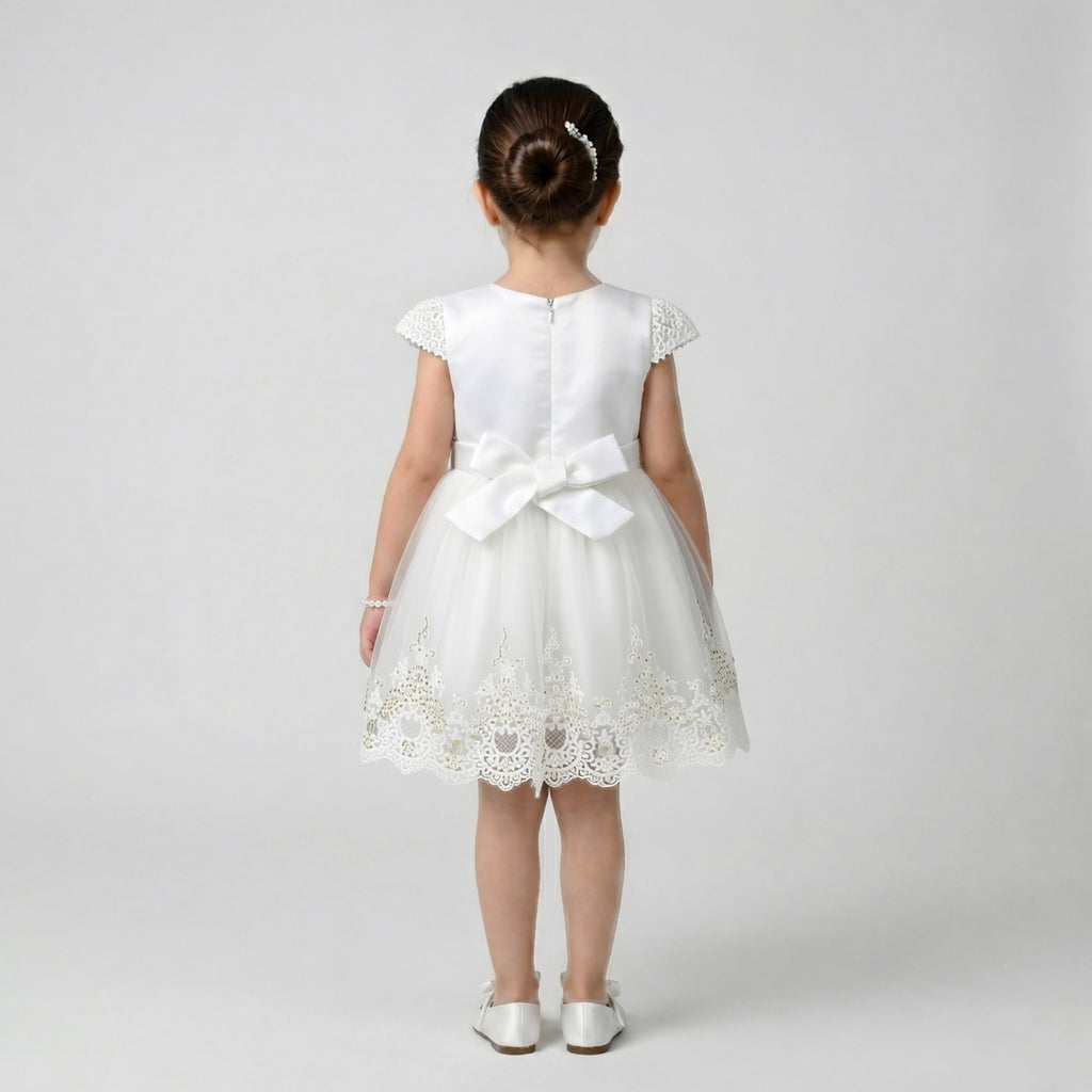 Girls' Classic Floral-Textured Coat with Velvet Ribbon Detail