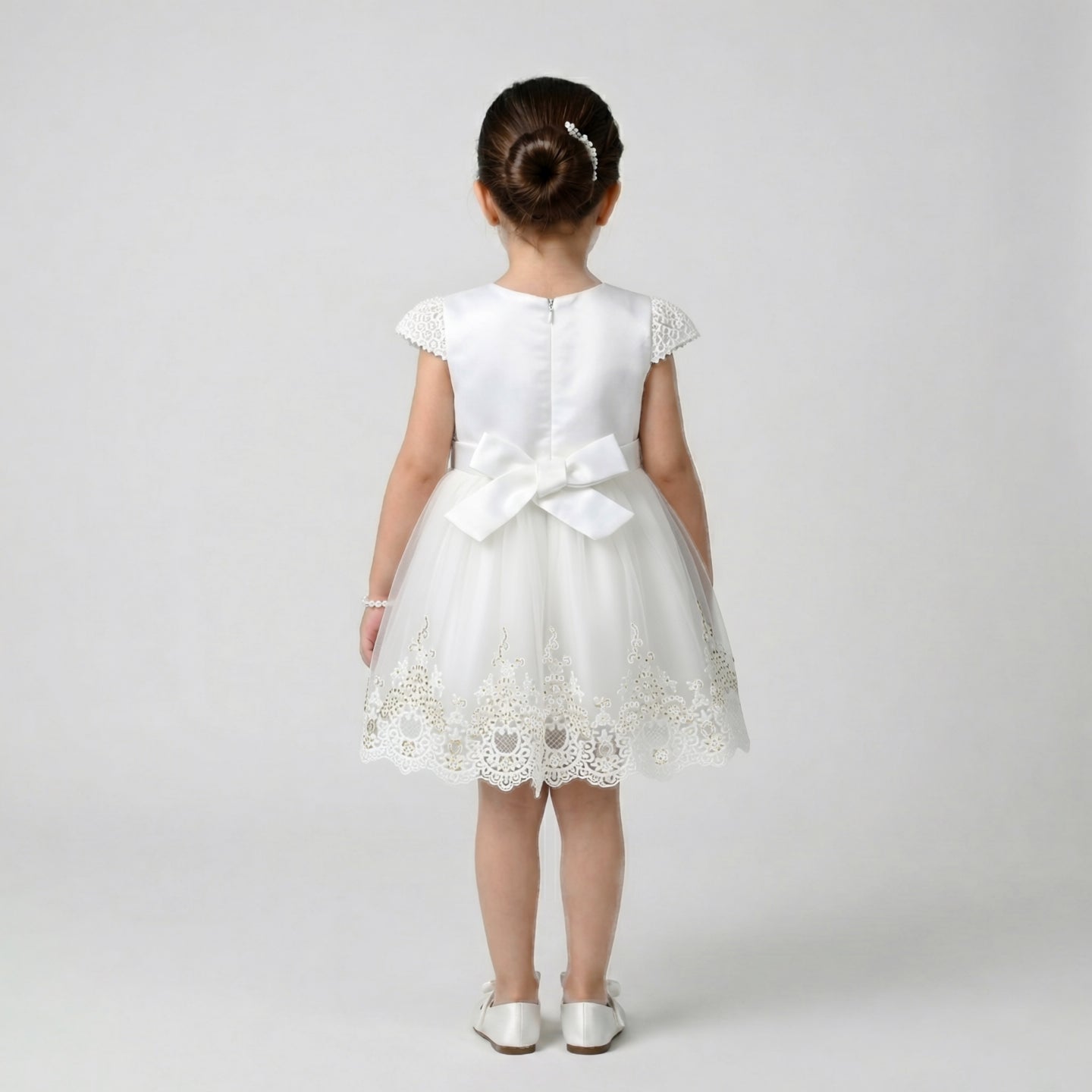 Girls' Classic Floral-Textured Coat with Velvet Ribbon Detail