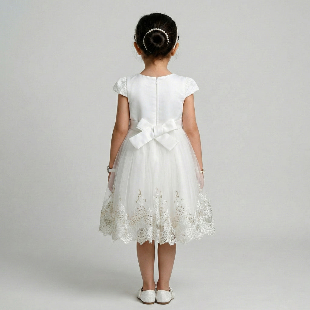 Girls' Elegant Embossed A-Line Coat with Pearlescent Accent