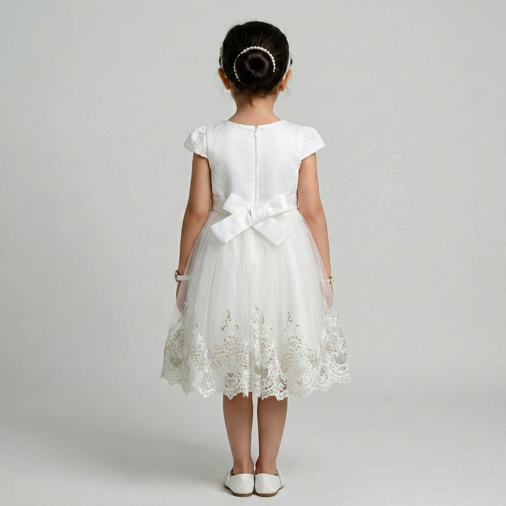 Girls' Elegant Embossed A-Line Coat with Pearlescent Accent
