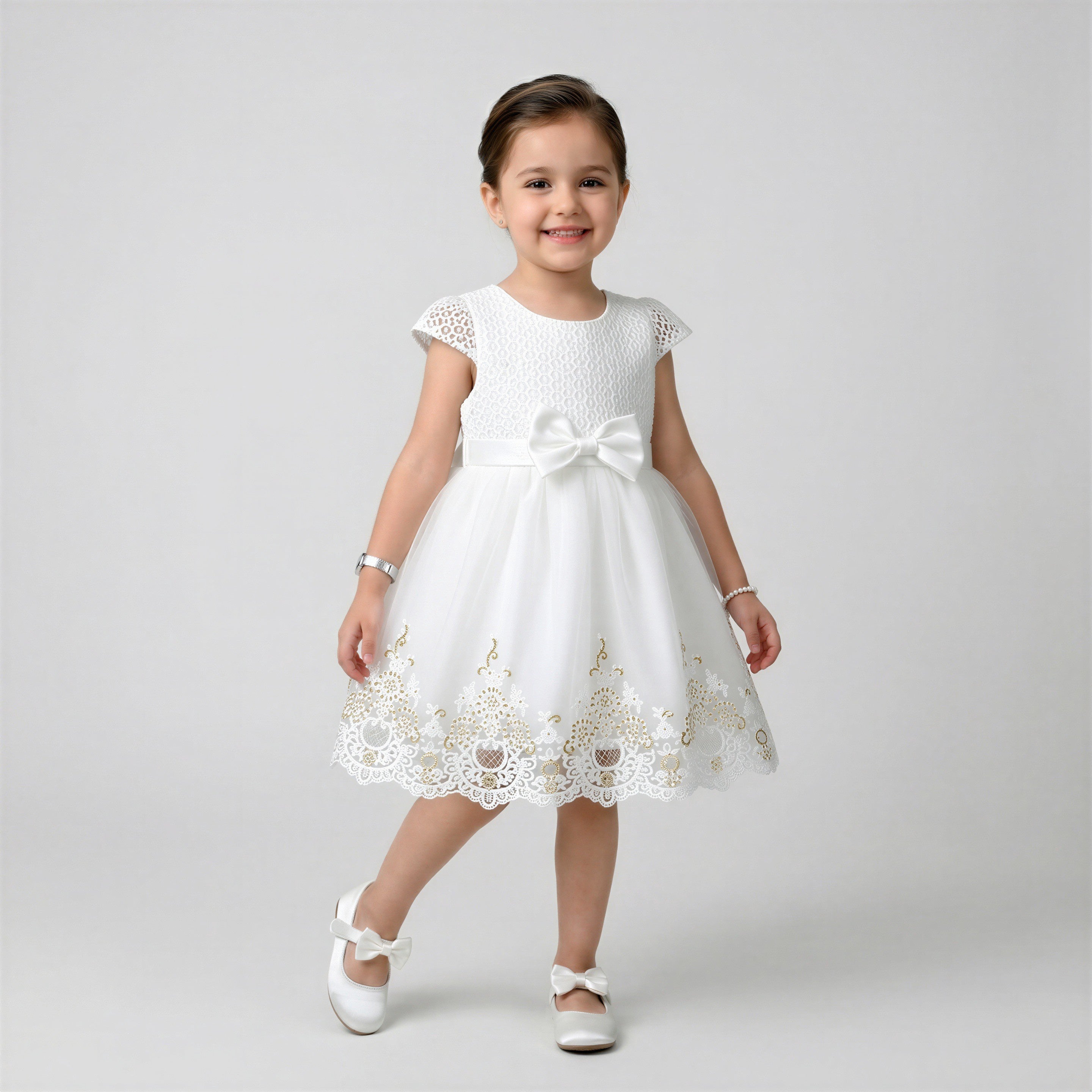 Girls' Classic Floral-Textured Coat with Velvet Ribbon Detail