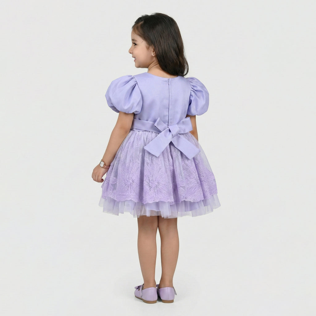 Girls' Whimsical Lace-Bodice Tulle Dress with Scalloped Hem