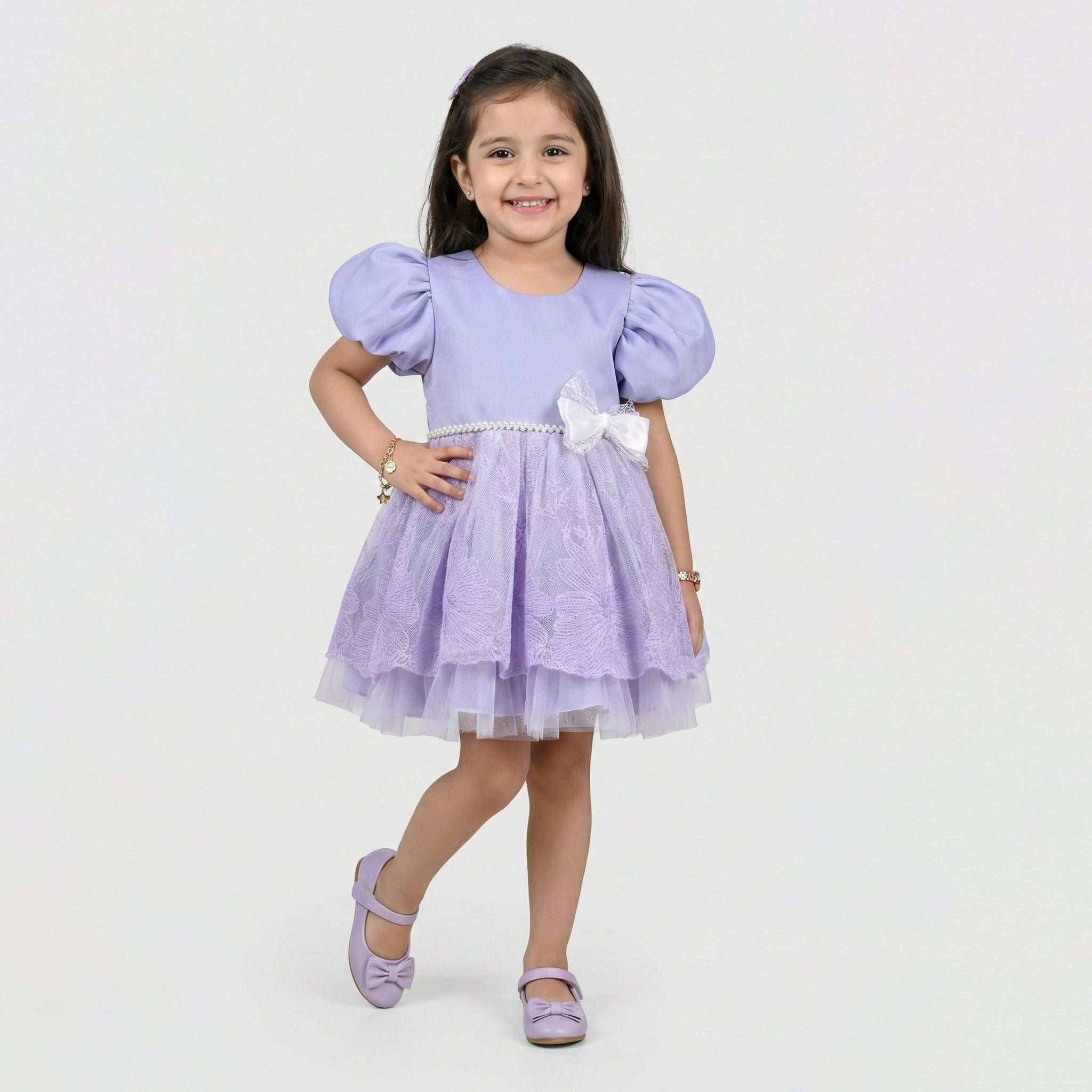Girls' Puff-Sleeve Occasion Dress with Lace Overlay and Pearl Waistband