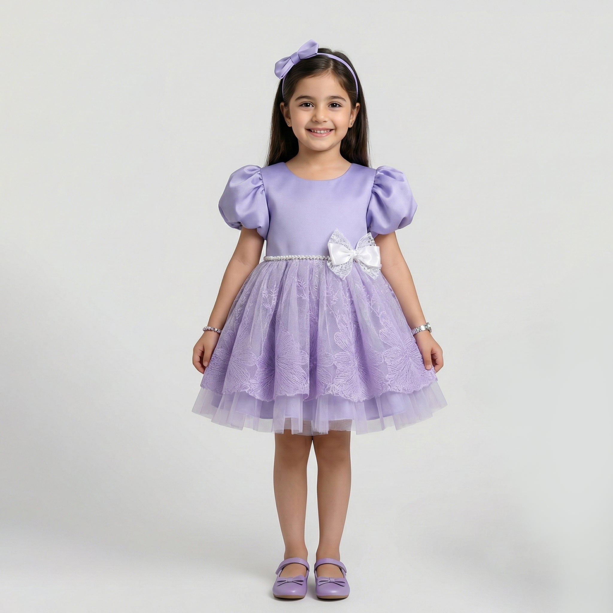 Girls' Puff-Sleeve Occasion Dress with Lace Overlay and Pearl Waistband