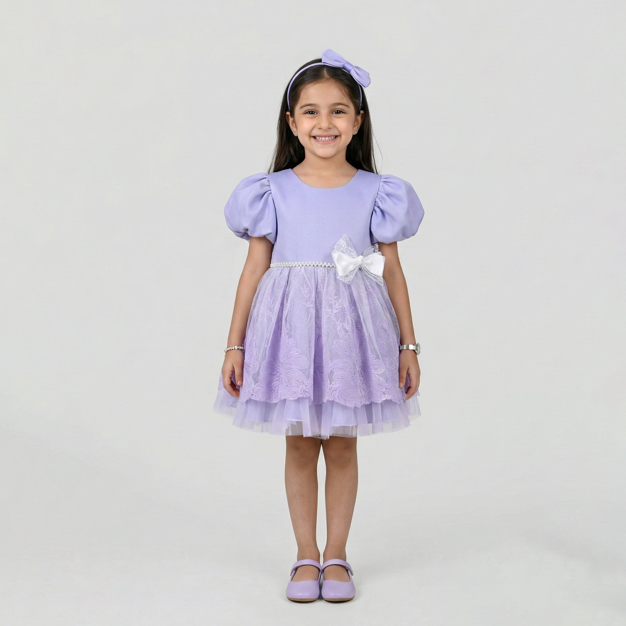 Girls' Puff-Sleeve Occasion Dress with Lace Overlay and Pearl Waistband