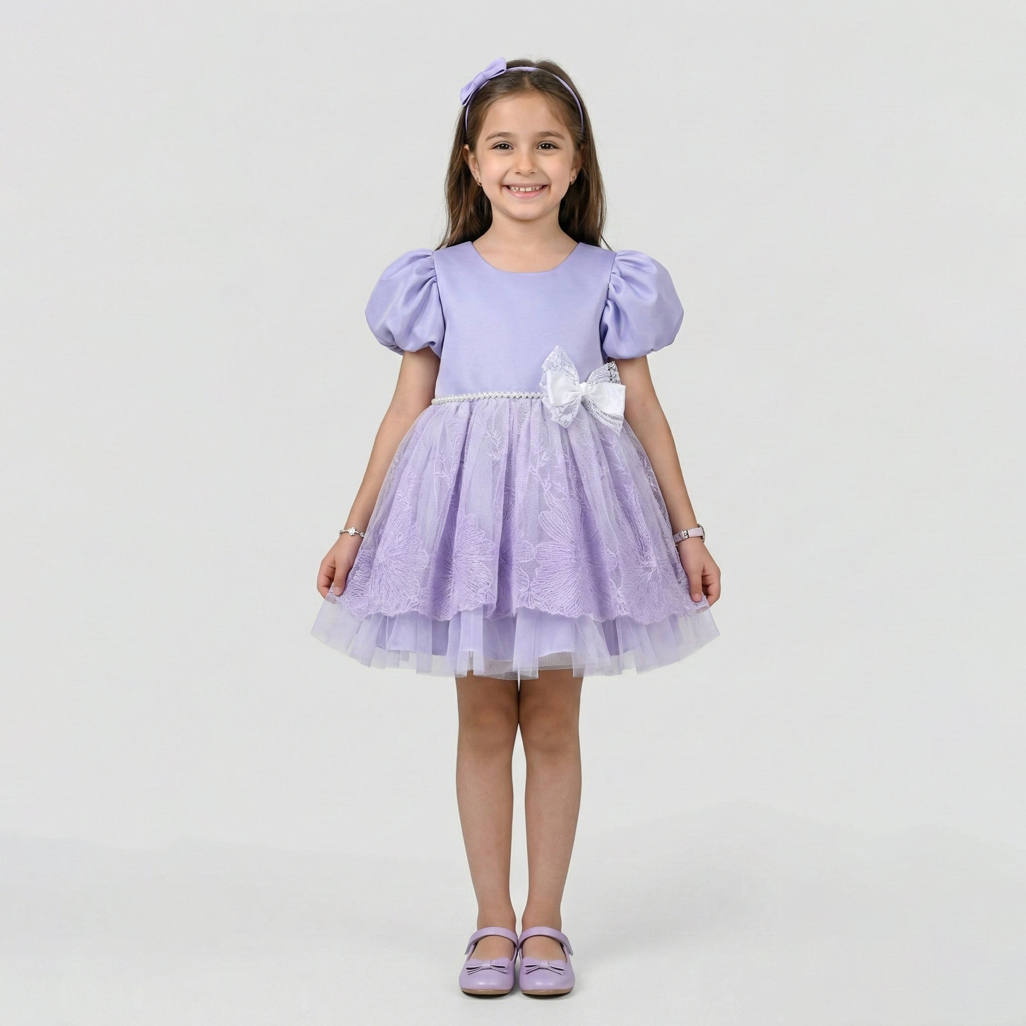 Girls' Puff-Sleeve Occasion Dress with Lace Overlay and Pearl Waistband
