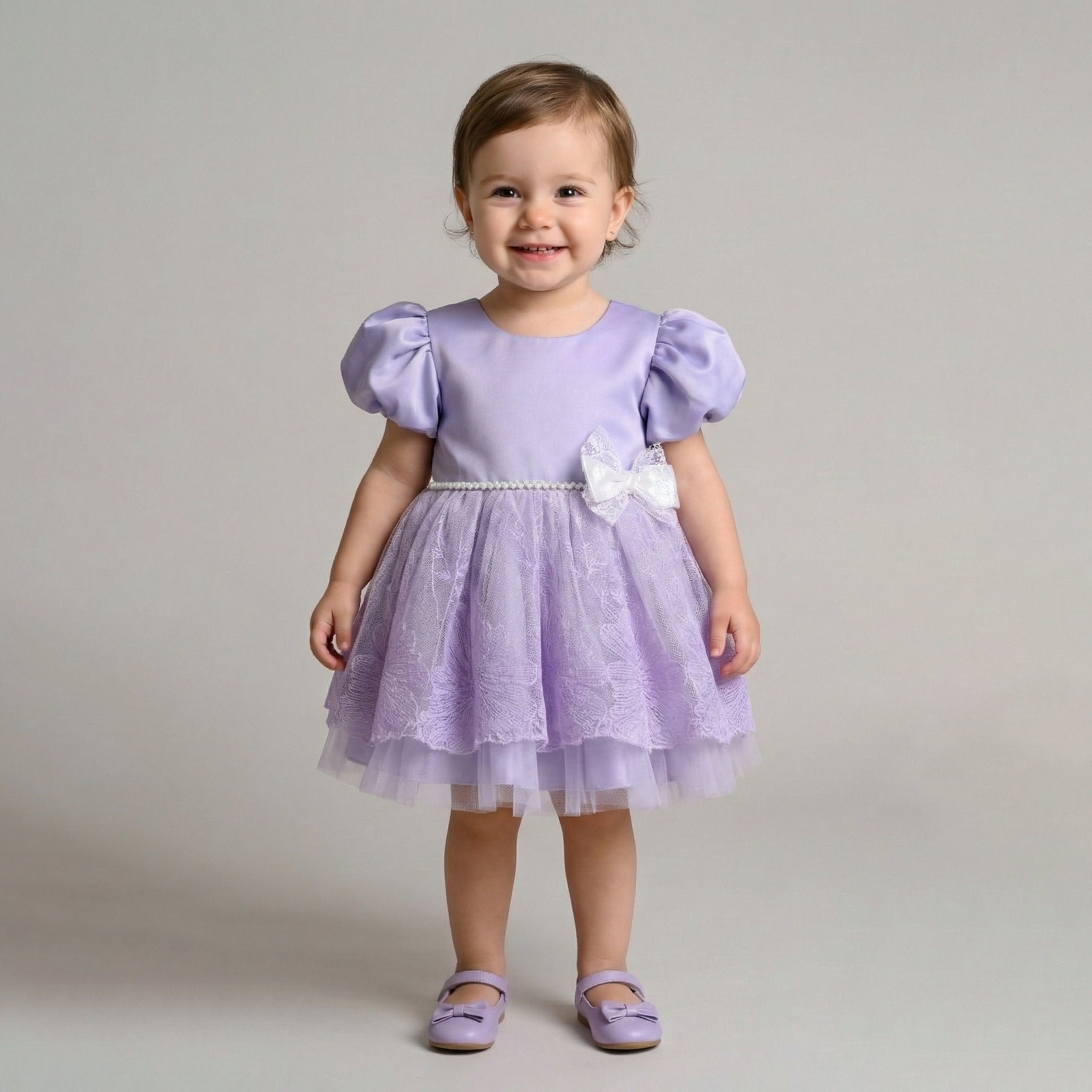Girls' Puff-Sleeve Occasion Dress with Lace Overlay and Pearl Waistband