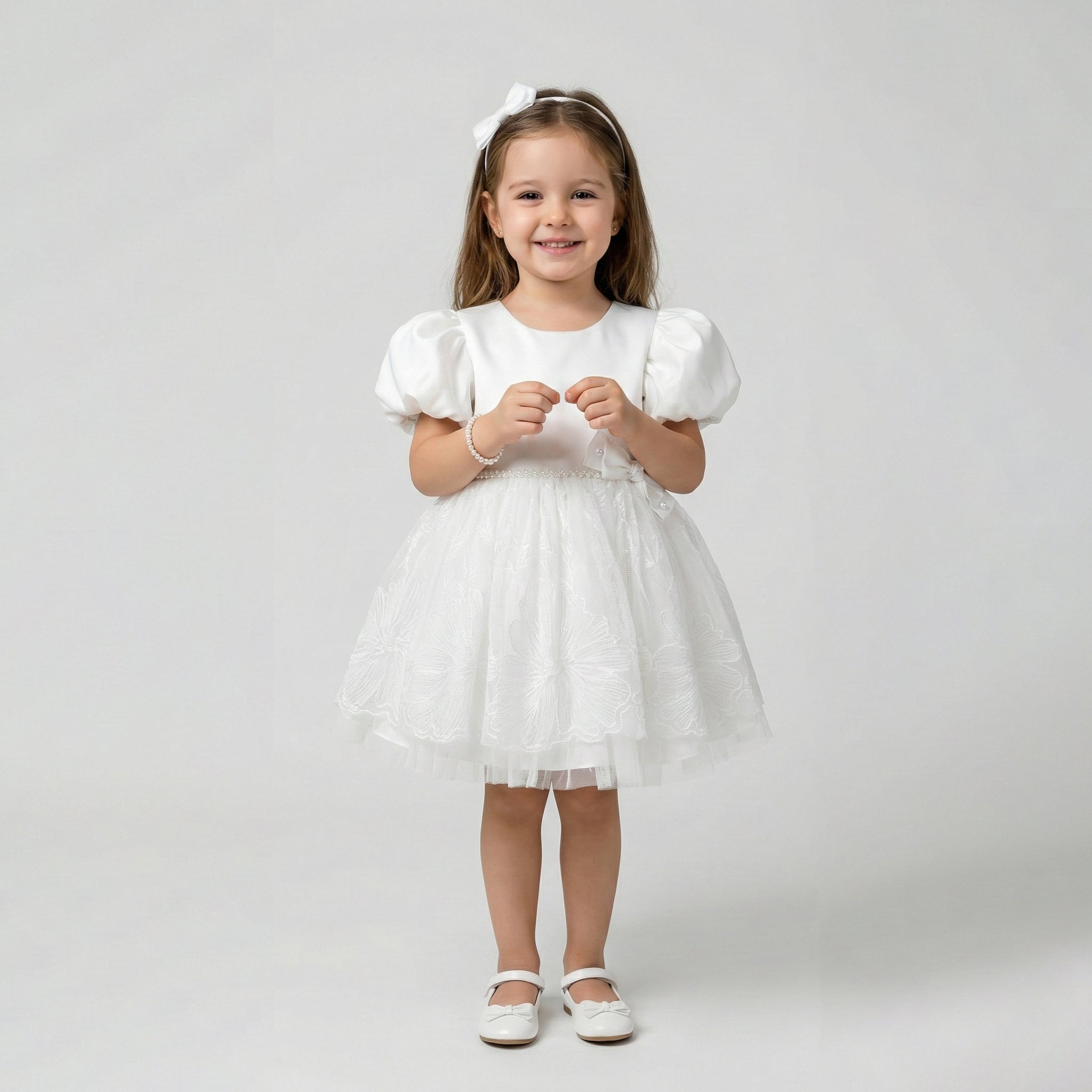 Girls' Satin & Tulle Party Dress with Embroidered Skirt and Puff Sleeves