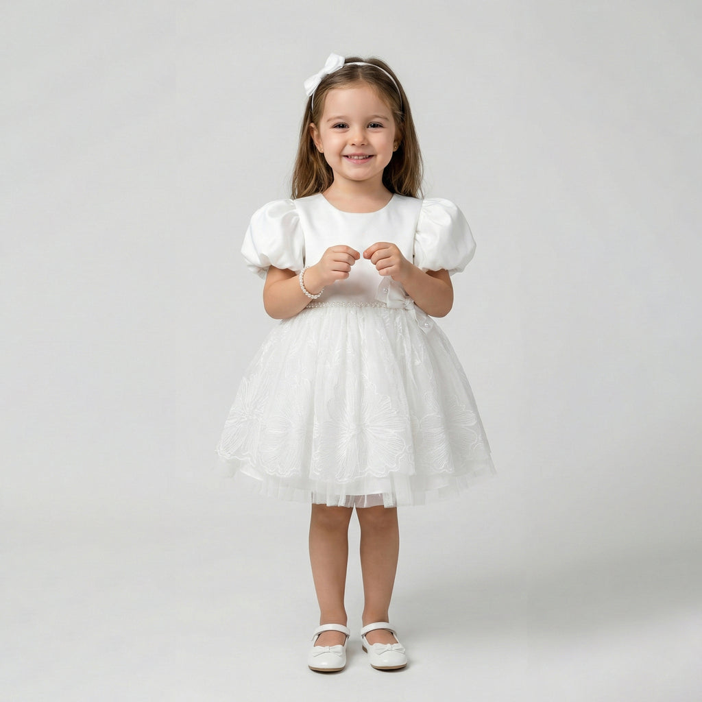 Girls' Whimsical Lace-Bodice Tulle Dress with Scalloped Hem